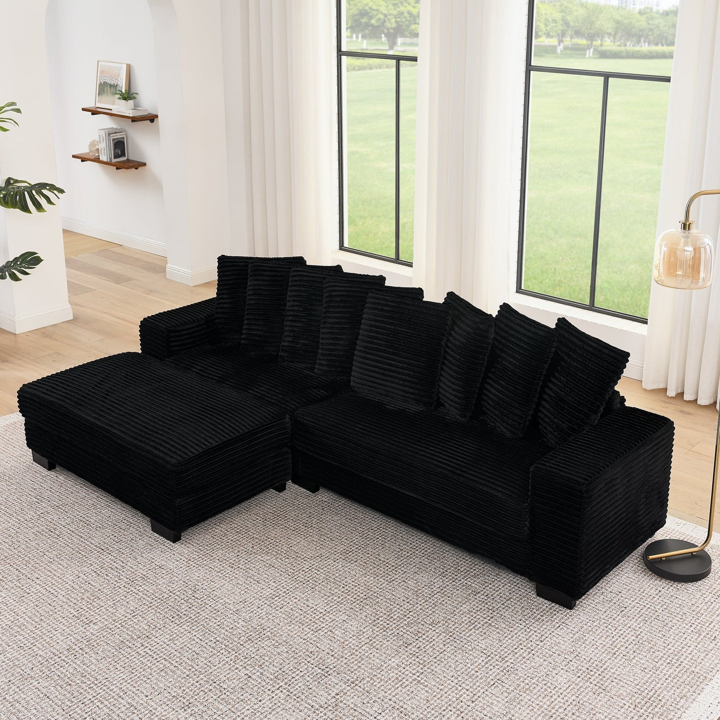 NEW Black Corduroy Tufted Upholstered L-Shaped Modular Convertible Sleeper Sectional Sofa Couch