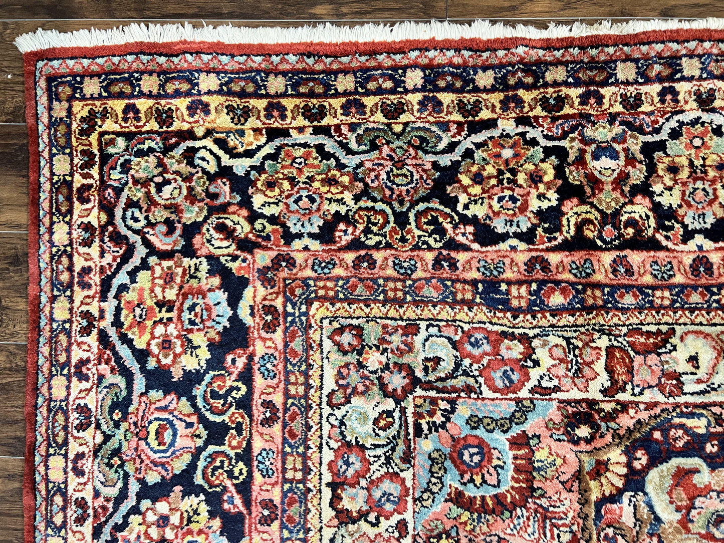 USED Persian Sarouk Rug 11x14, Semi Open Field, Large Antique Persian Wool Handmade Carpet, Red and Dark Blue, Floral