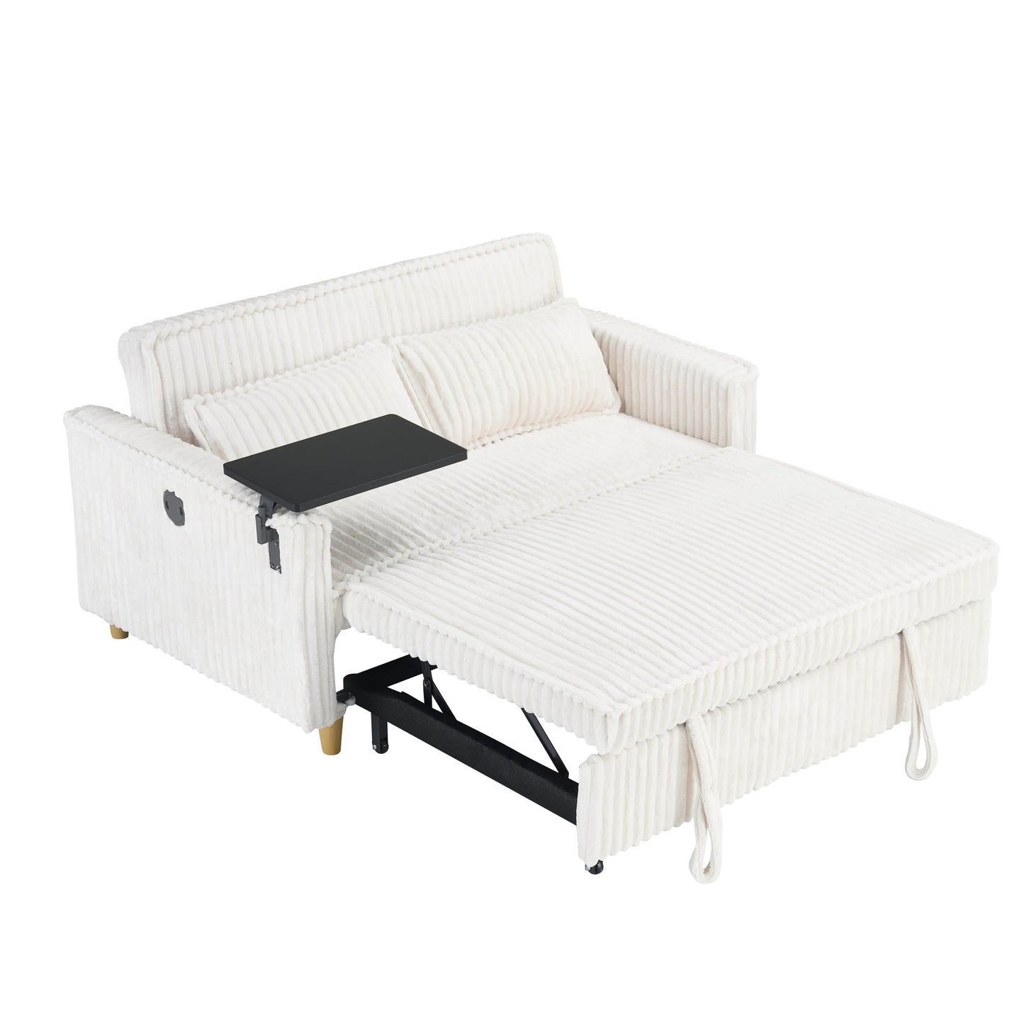 NEW Pull-out Push-in Beige Corduroy Sofa with Dual Functions Movable Tabletop and USB Ports