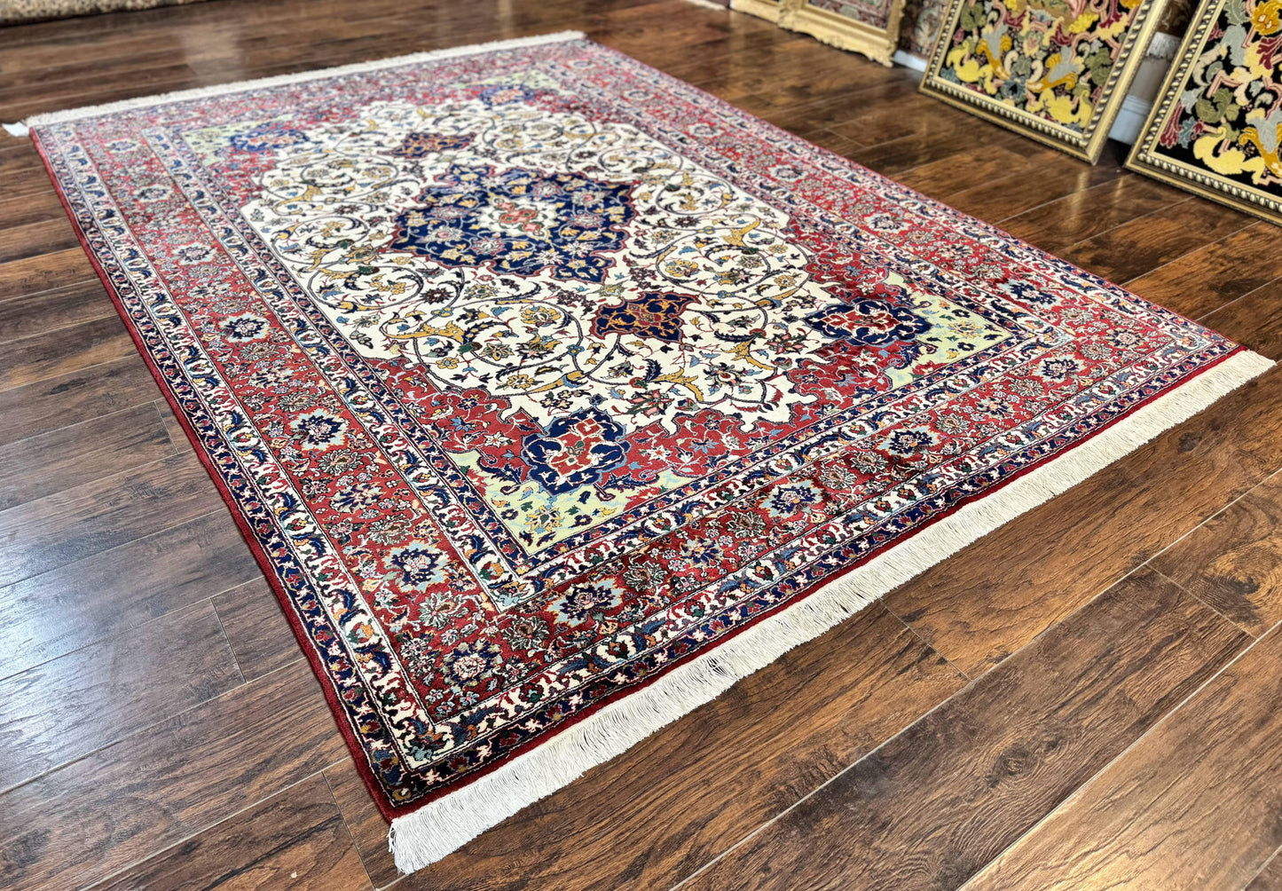USED Wonderful Persian Isfahan Rug 7x9, Ivory Navy Blue Red, Floral Medallion, Very Finely Hand Knotted 260 KPSI, Handmade Wool Vintage Rug