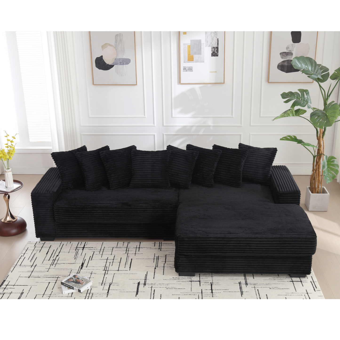 NEW Oversized Black Two-Piece Couch L Shaped Sofa Corduroy Right Chaise Daybed with Armrests Eight Throw Pillows