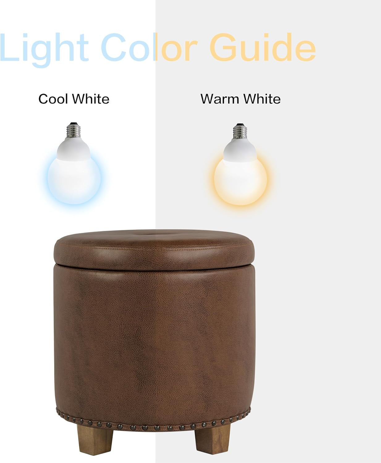 NEW Round Storage Ottoman With Nailhead-Trim Brown Faux Leather