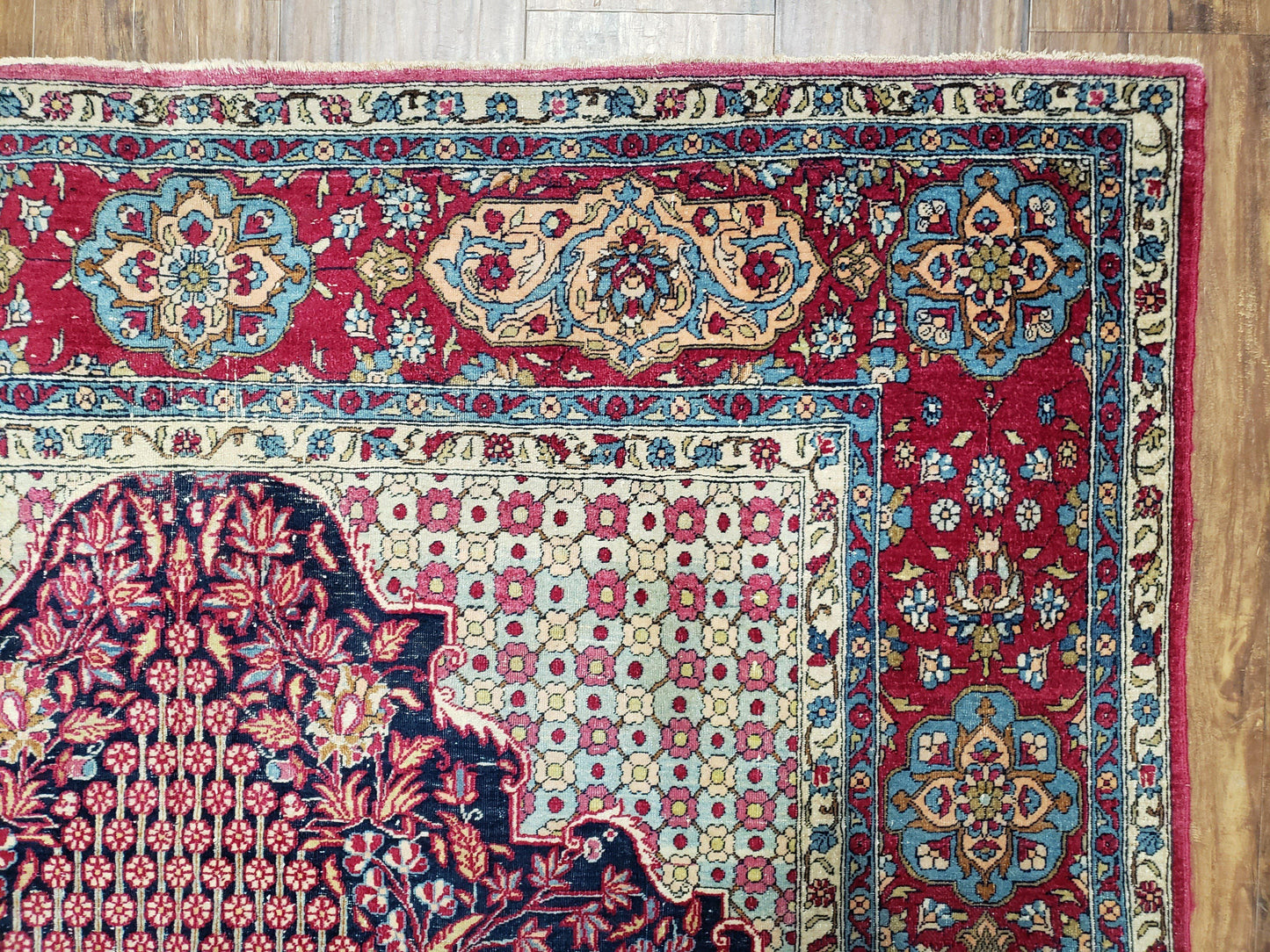 USED Antique Persian Tehran Rug 5x8, Midnight Blue and Red, Hand-Knotted, Wool