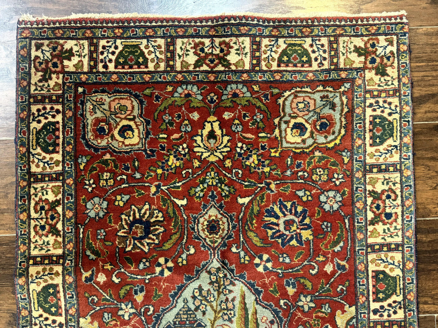 USED Small Persian Tabriz Rug 2.8 x 4.7, Red, Animal Pictorials, Semi Antique Vintage