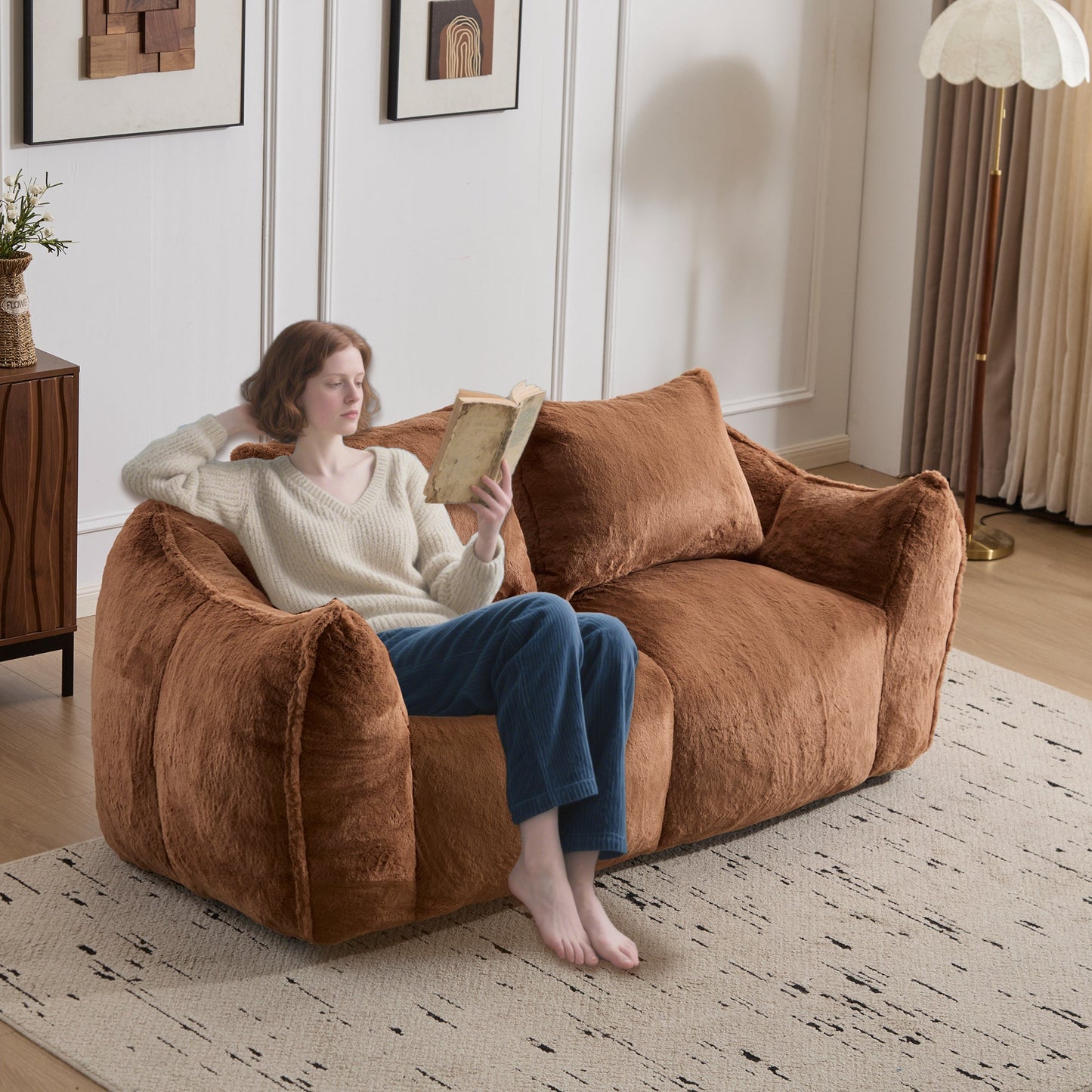 NEW Adult Brown Ultra Soft Fluffy Loveseat Giant Bean Bag Sofa Oversized Chase Lounge Chair with Pillows