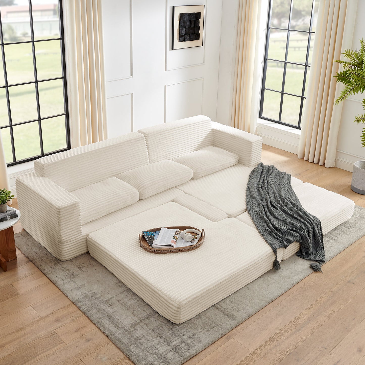 NEW Modern Minimalist Beige Corduroy L-Shaped Modular Sectional Sofa Bed