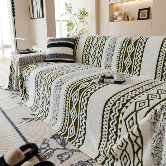 NEW Bohemian Tufted Sofa Cover, Plush Flannel Throw Blanket with 3D Woven Aztec Stripes