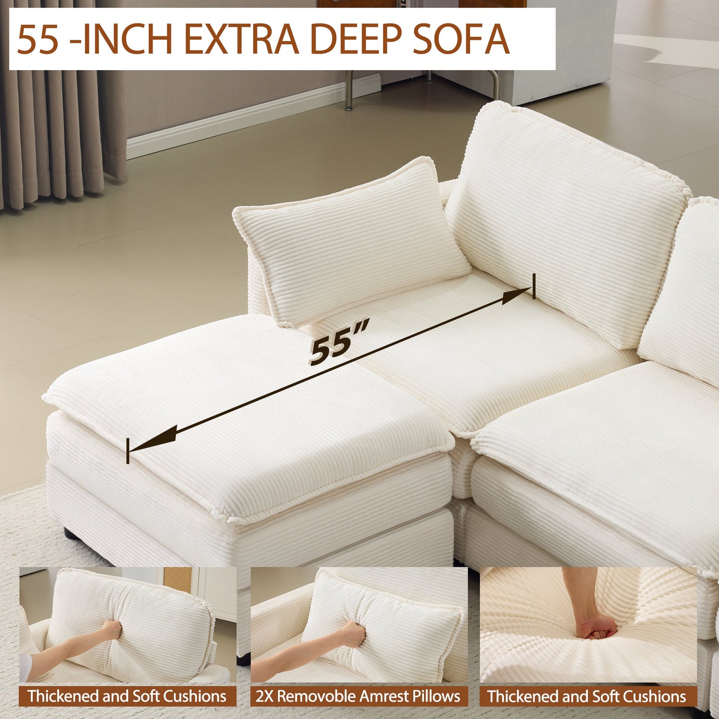 NEW 104' Plush Cloud Beige 3 Seater Modular Sofa + Ottoman with 22' Chenille Cushions and 2 Throw Pillows