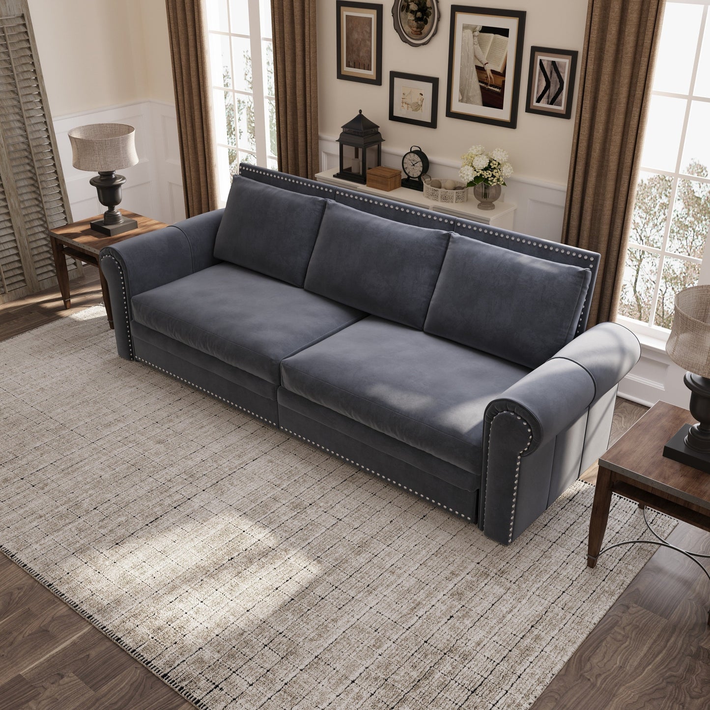 NEW 93.7' King Chesterfield Pull Out Couch Bed 3-in-1 Velvet Convertible Sleeper Sofa with Nailhead Trim & Rolled Arm