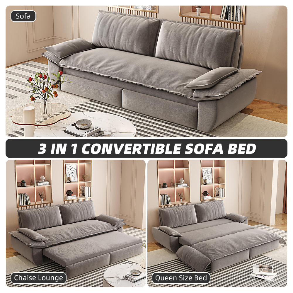 NEW Grey 73.2' Queen Pull Out Sofa Bed 3-in-1 Convertible Sleeper Sofa Multi-Functional Velvet Loveseat Bed