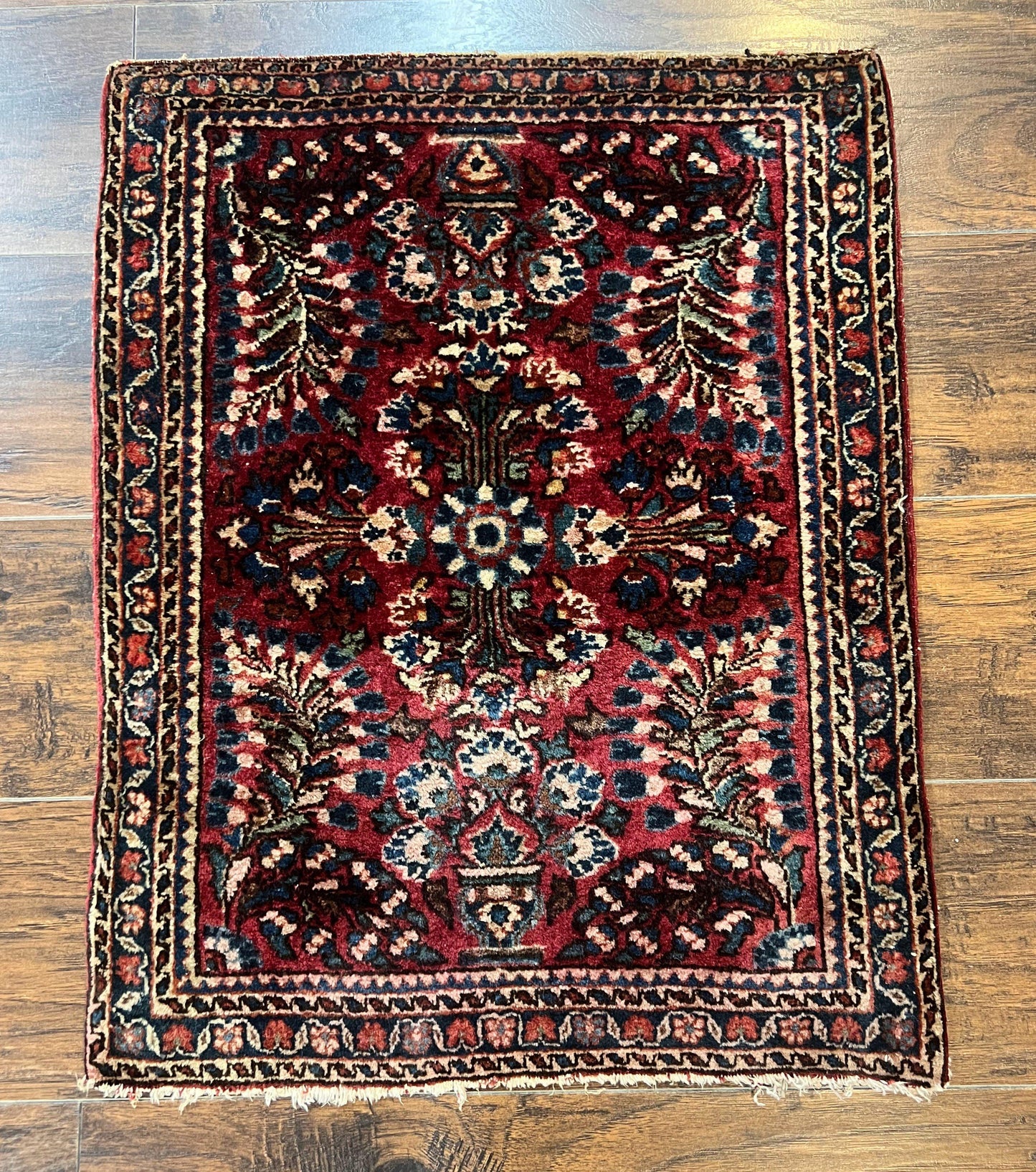 USED Antique Persian Sarouk Rug 2 x 2.5, Small Sarouk Carpet, Red Floral 1920s Red, Fine 170 KPSI, Wool Handmade Rug