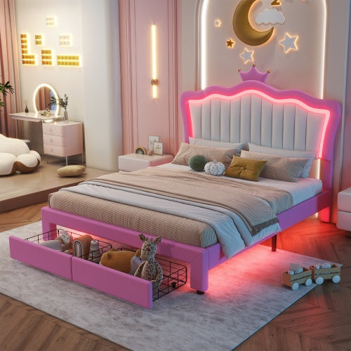 NEW Full Size Upholstered Bed Frame With LED Lights, Modern Upholstered Princess Bed With Crown Headboard, 2 Drawers