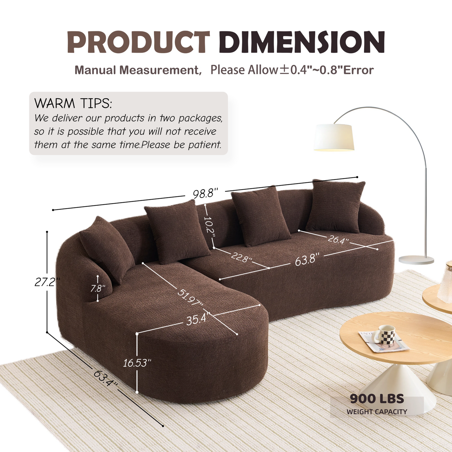 NEWn Brown Chenille Modular Compression Sponge L-Shape Sectional Sofa Couch with Curved Chaise