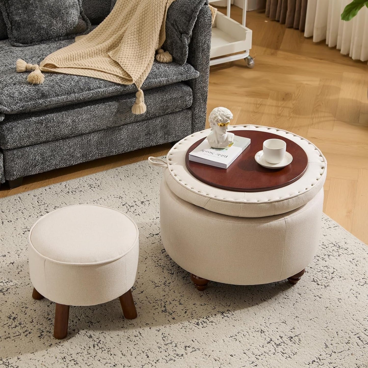 NEW 24 Inch Round Khaki Storage Ottoman Removable Top Cover