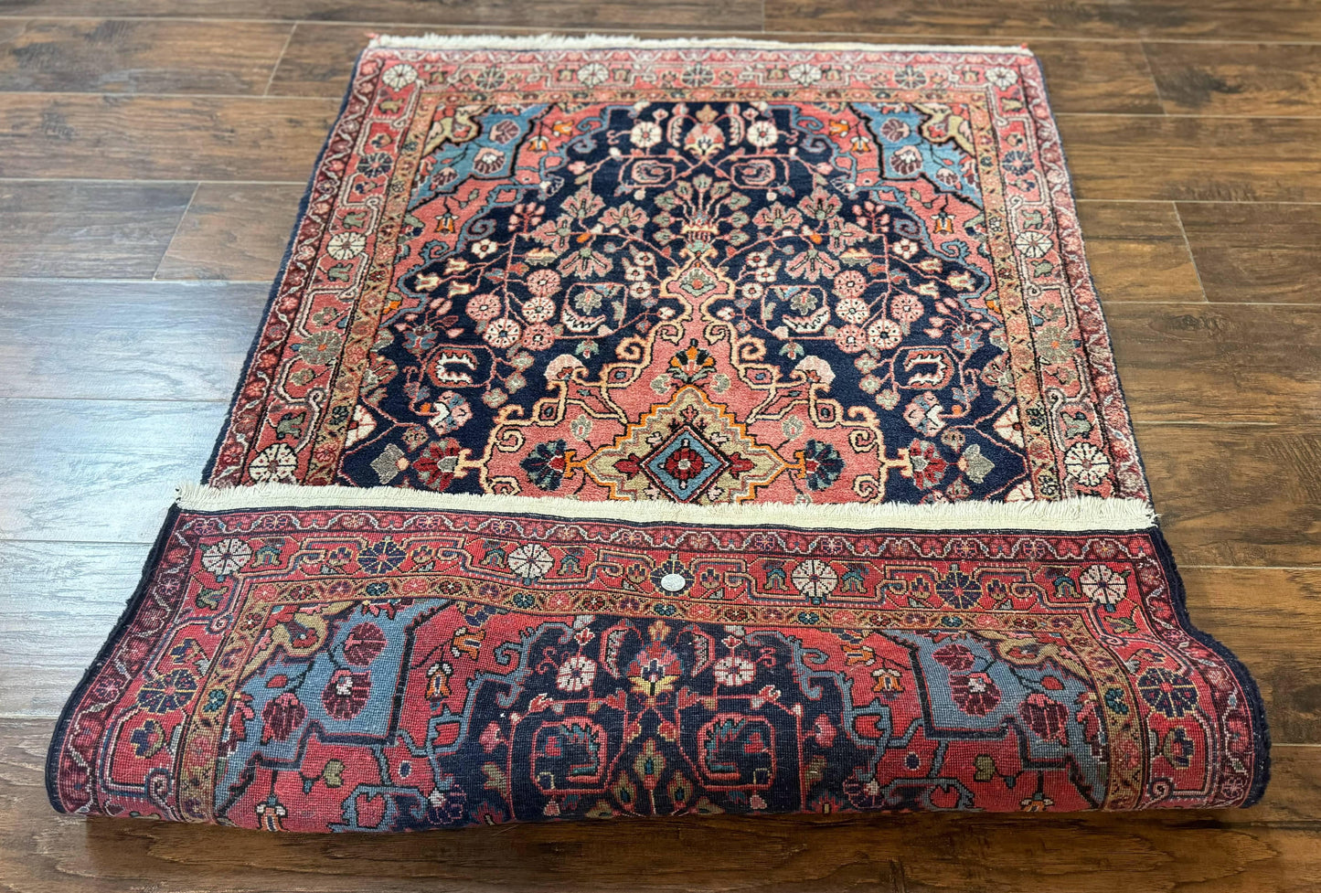 USED Persian Rug 3x5, Jozan Sarouk Rug, Navy Blue and Coral, Medallion Rug, Semi Antique