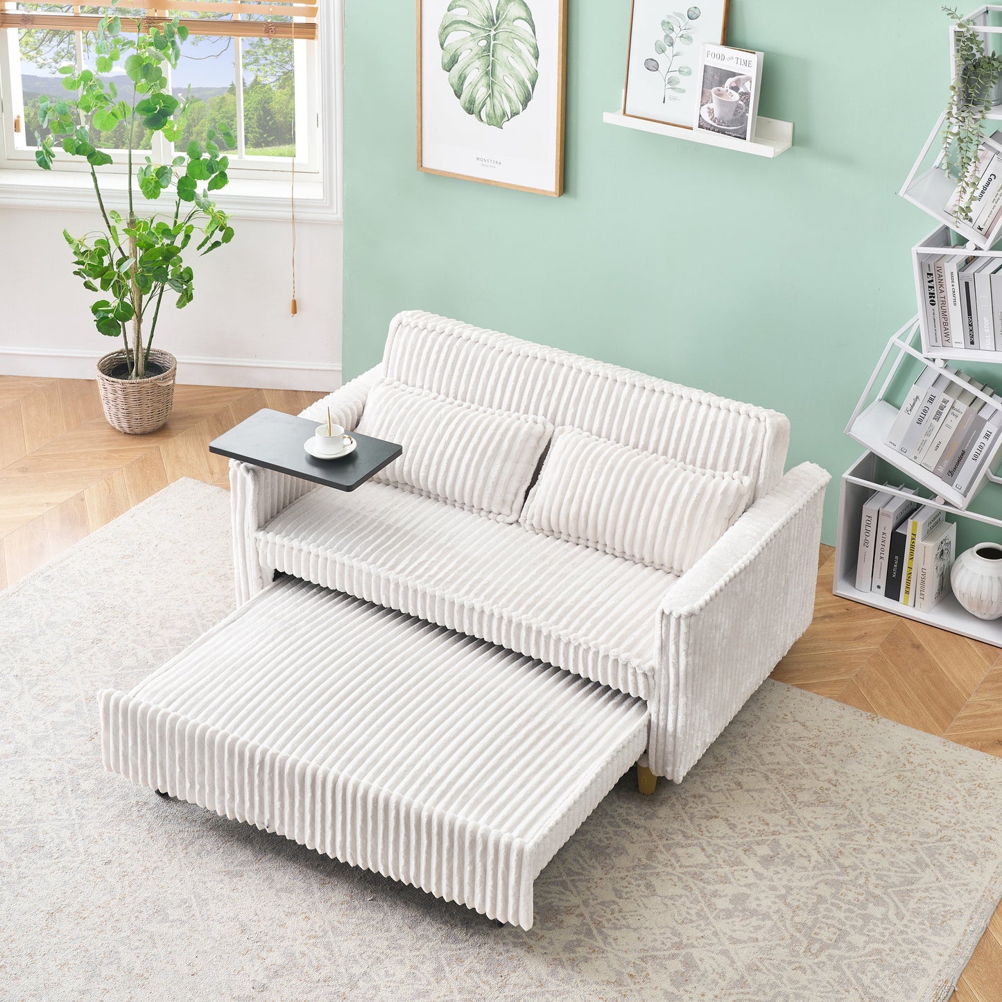 NEW Pull-out Push-in Beige Corduroy Sofa with Dual Functions Movable Tabletop and USB Ports