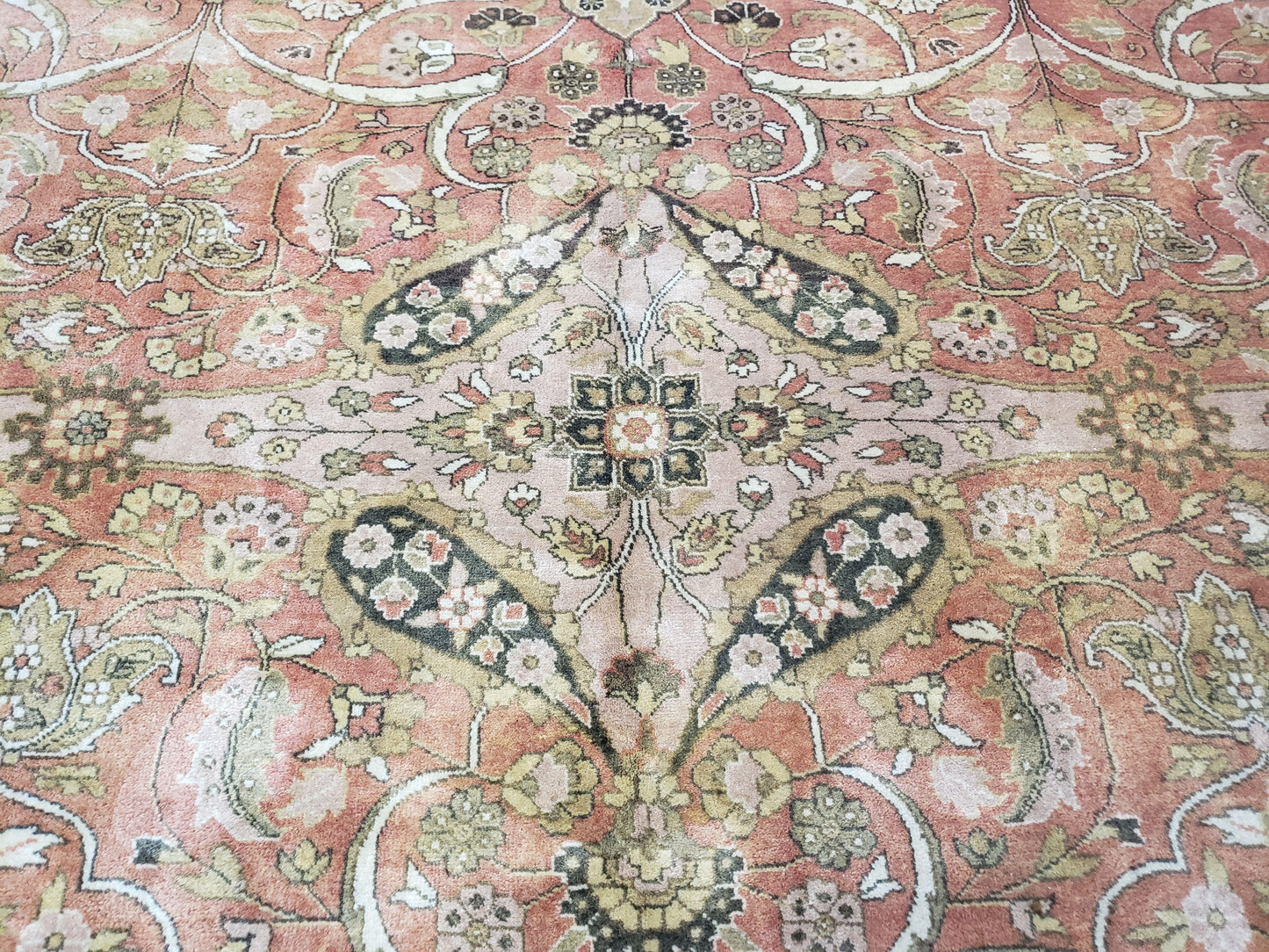 USED Indo Persian Rug 8x10, Vintage Indian Rug 8 x 10, Fine Hand-Knotted Wool Rug, Rose Clay Red Beige Brown Handmade Area Rug, Floral Medallion