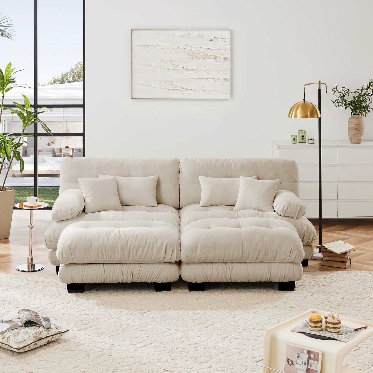 NEW Light Coffee Chenille Cloud Couch Sleeper 2 Seater Upholstered Wide Arm Sofa with 2 Lumbar 2 Throw Pillows and  2 Ottomans