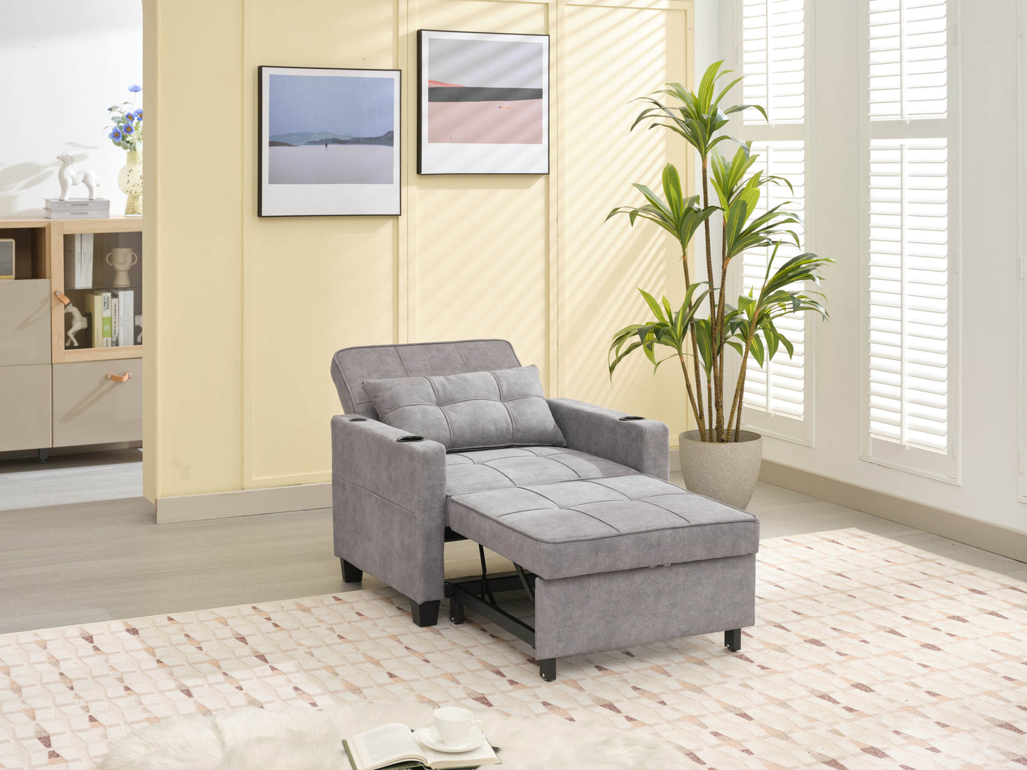 NEW Futon Chair Bed Convertible Chair 3-in-1 Pull Out Sleeper Chair Beds with USB Ports,Wear-resistant and Anti-scratch,  Armchair Bed Sleeper for Living Room (Light Grey Scratch Cloth)