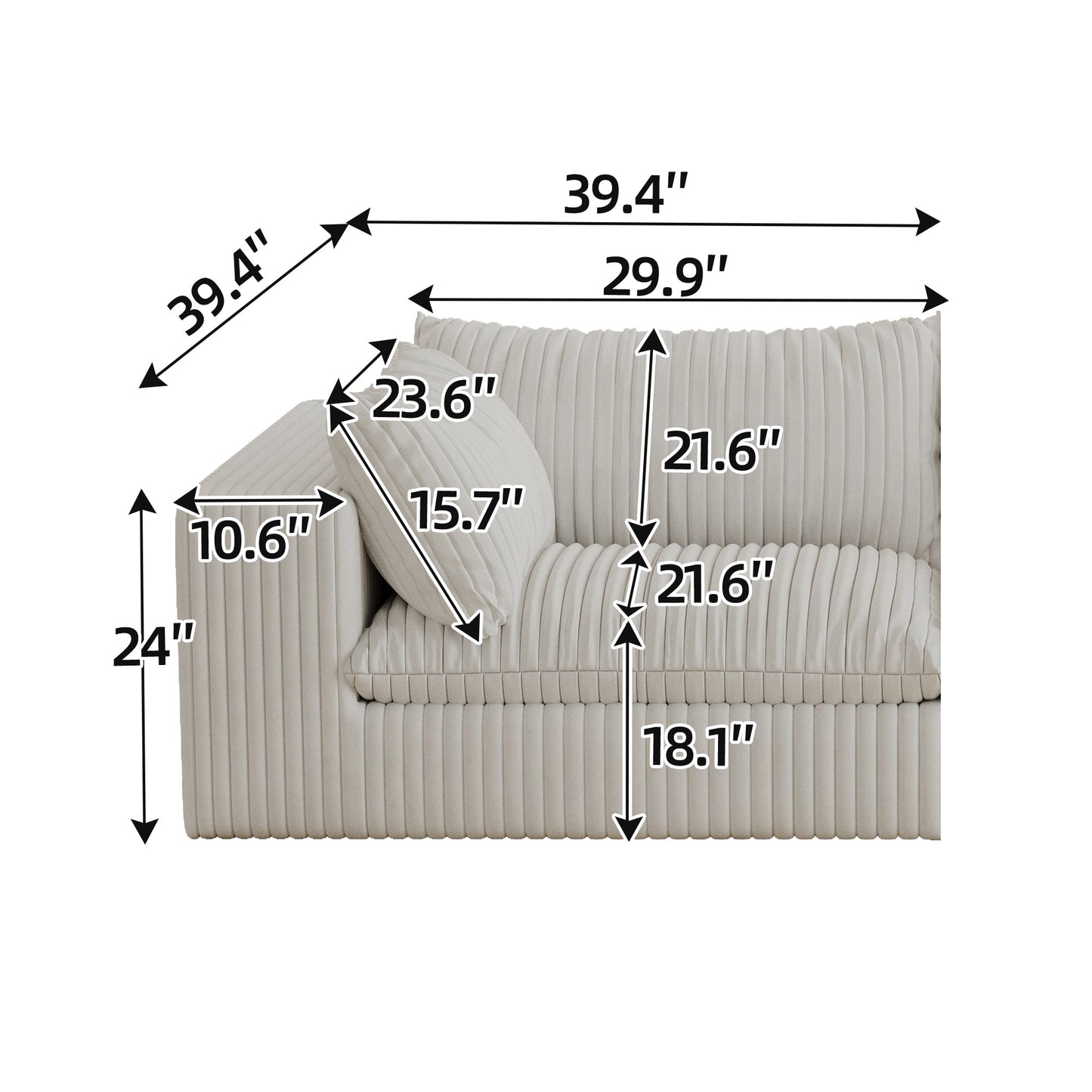 NEW Cloud White Corduroy Fabric Deep Seat Double-layer Design Sofa Couch with Removable Cushions