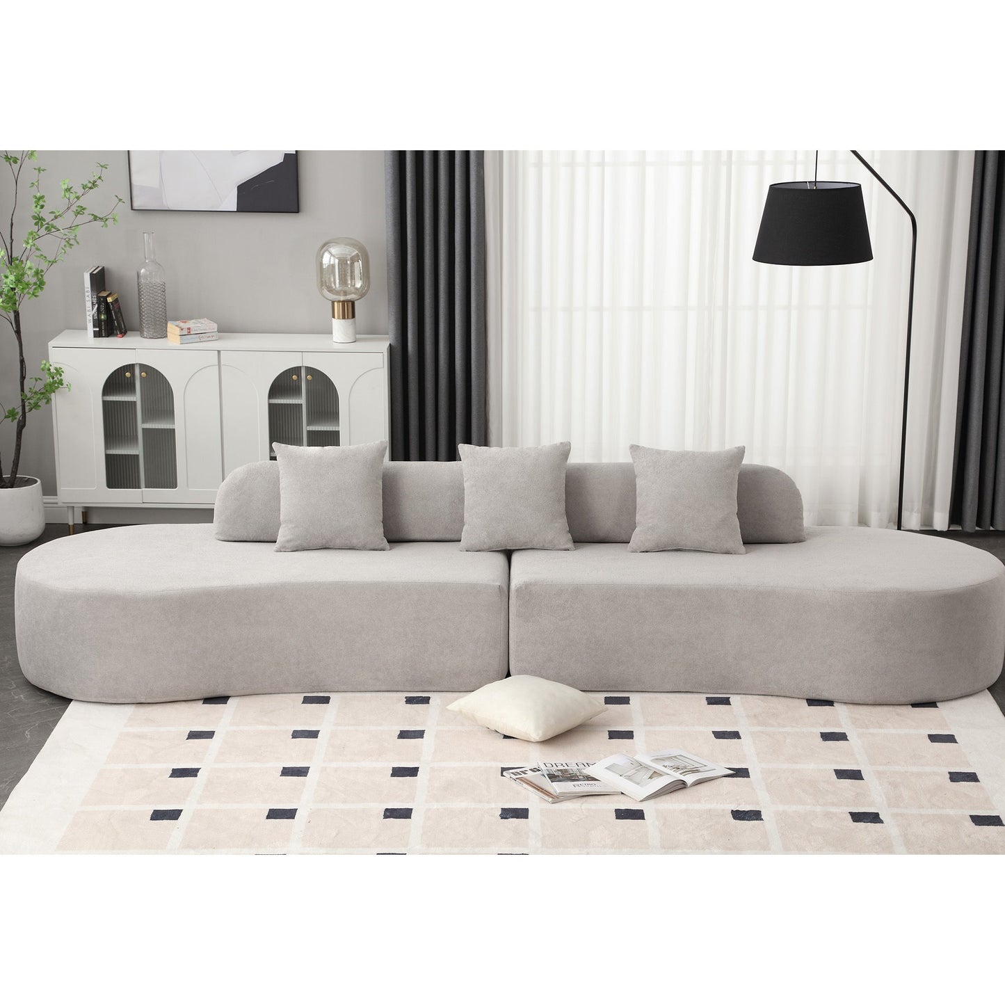 NEW Modern Curved Combination Gray Terrycloth Fabric Minimalist Sofa with Three Pillows