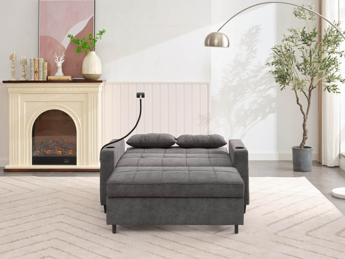 NEW Dark Grey Cloth Fabric 2 Seater Loveseat Recliner Sofa Bed with Adjustable Backrest USB and Cupholders