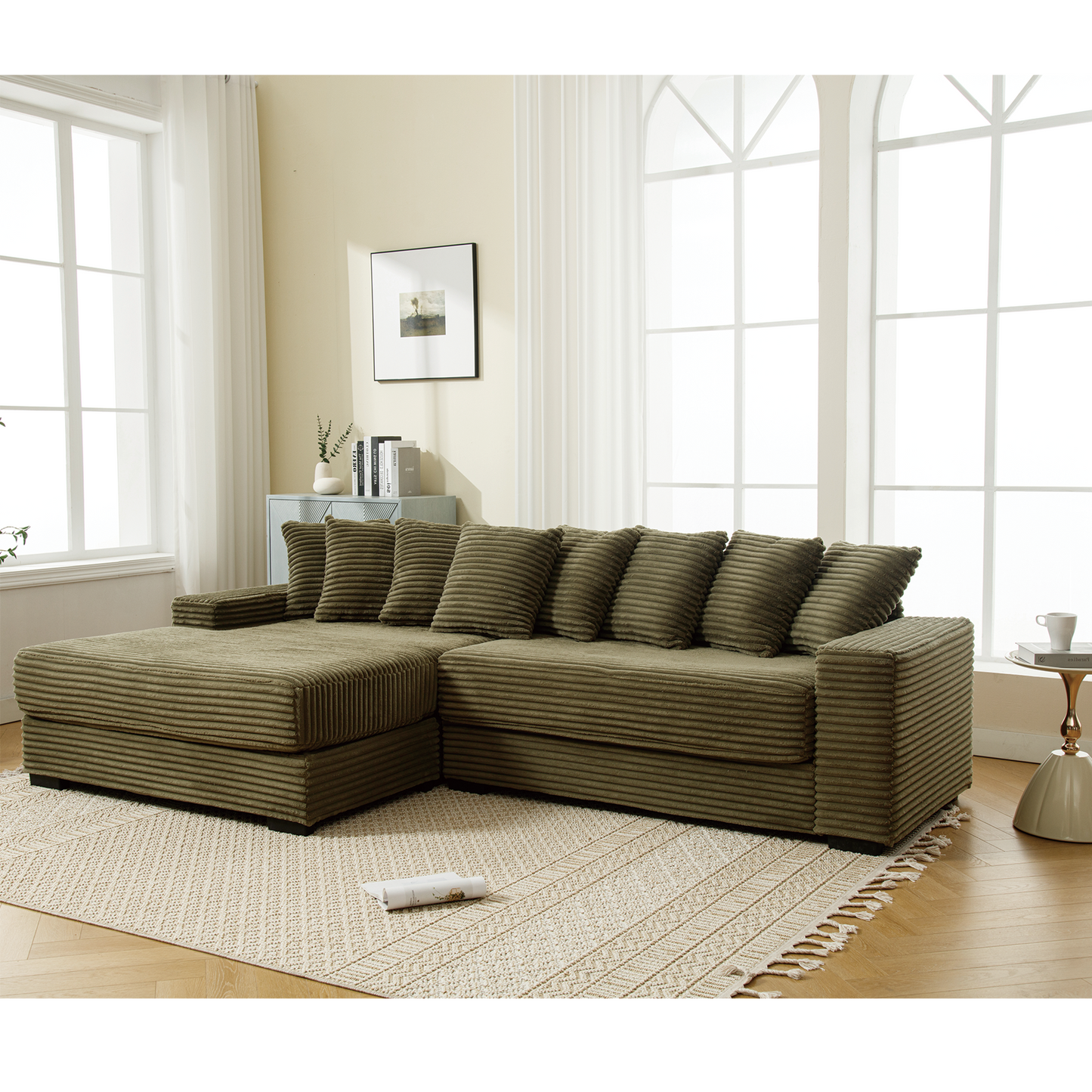 NEW NEW ARRIVED] [VIDEO PROVIDED] Oversized Two-Piece Couches, L Shaped Sofa, Corduroy, Left Chaise Daybed,with Armrests,Eight Throw Pillows,Corner Sofa,Easy To Assemble, Green