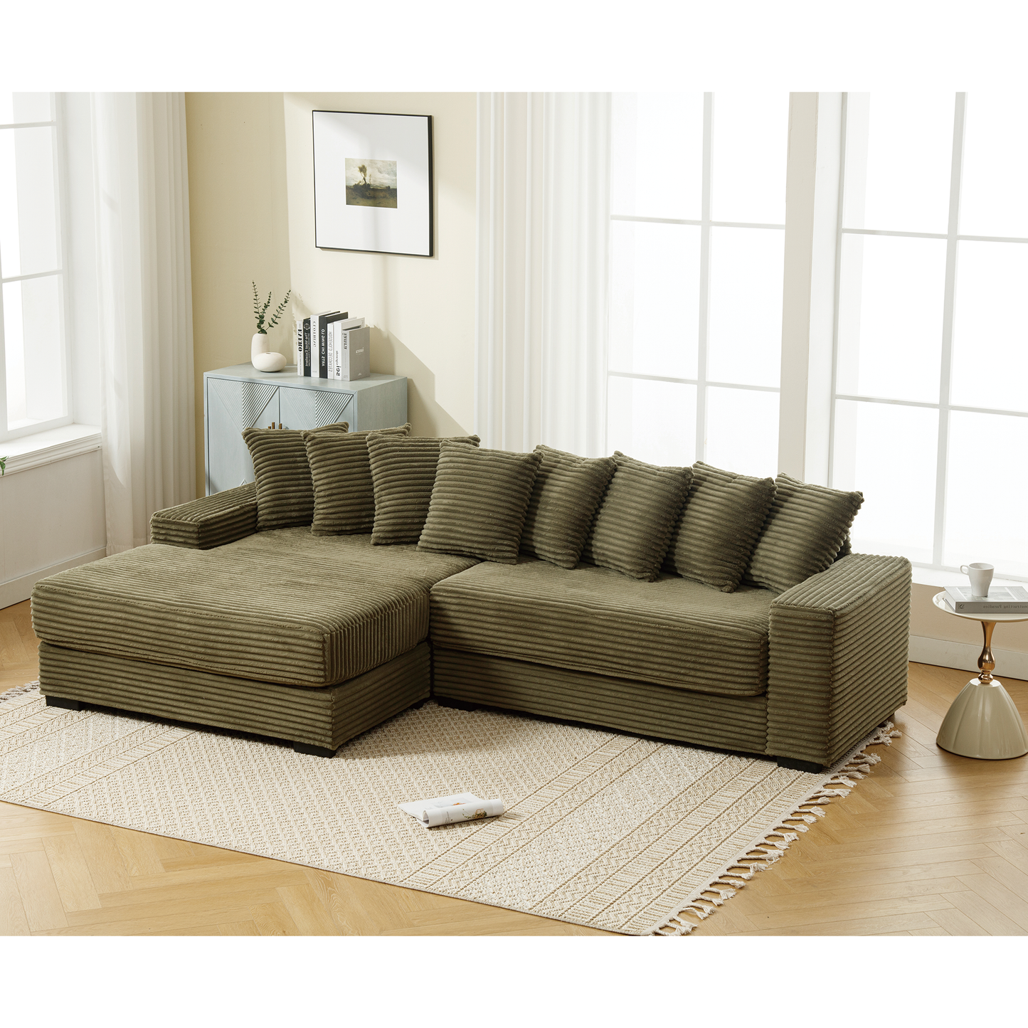 NEW NEW ARRIVED] [VIDEO PROVIDED] Oversized Two-Piece Couches, L Shaped Sofa, Corduroy, Left Chaise Daybed,with Armrests,Eight Throw Pillows,Corner Sofa,Easy To Assemble, Green