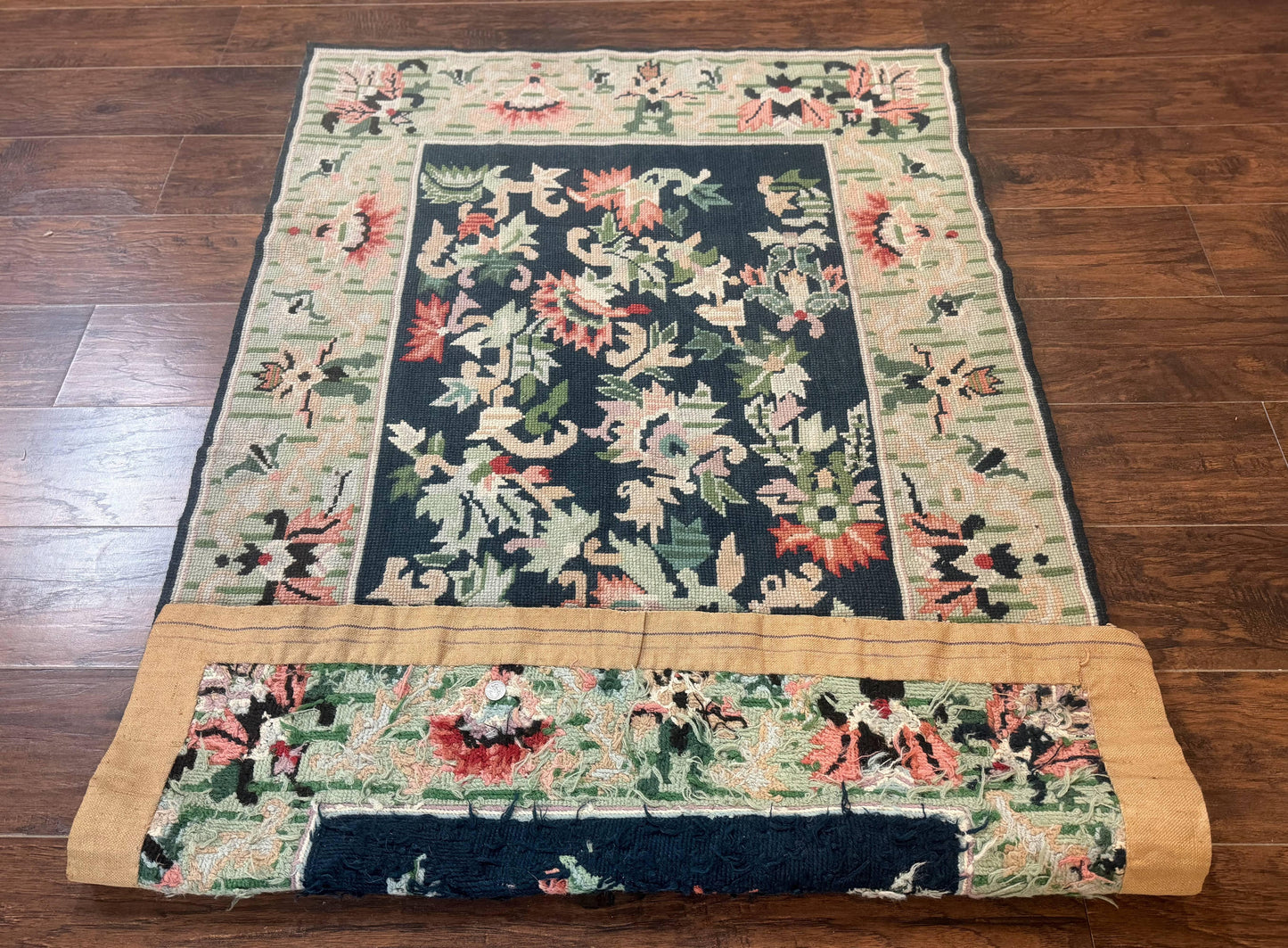 USED Vintage American Needlepoint Rug 4x6, Dark Green, Wool, Handmade, Flatweave Carpet