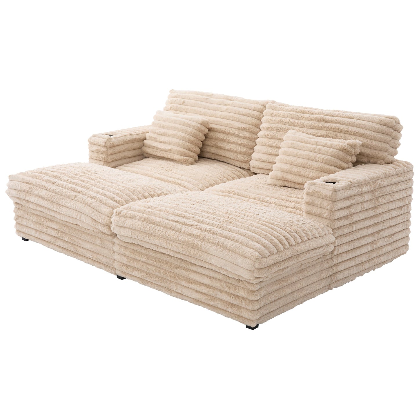 NEW Plush Champagne Faux Rabbit Fur Upholstered Oversized Double Chaise Lounge Sofa with USB Ports and Cup Holders