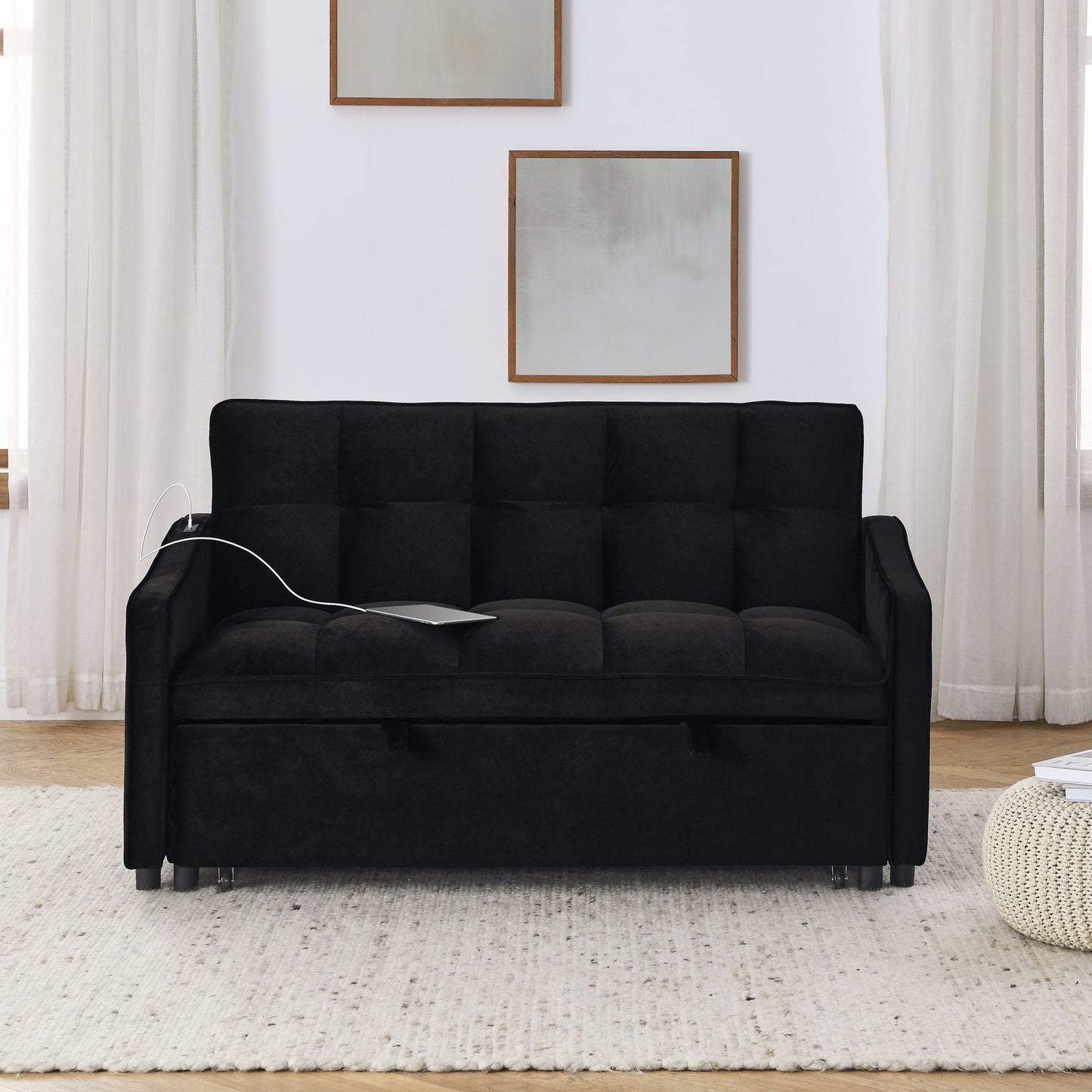 NEW Loveseats Sofa Bed with Pull-out Bed,Adjsutable Back and Two Arm Pocket,TypeC and USB Charging with Copper nail,Black (47'x53'x31')