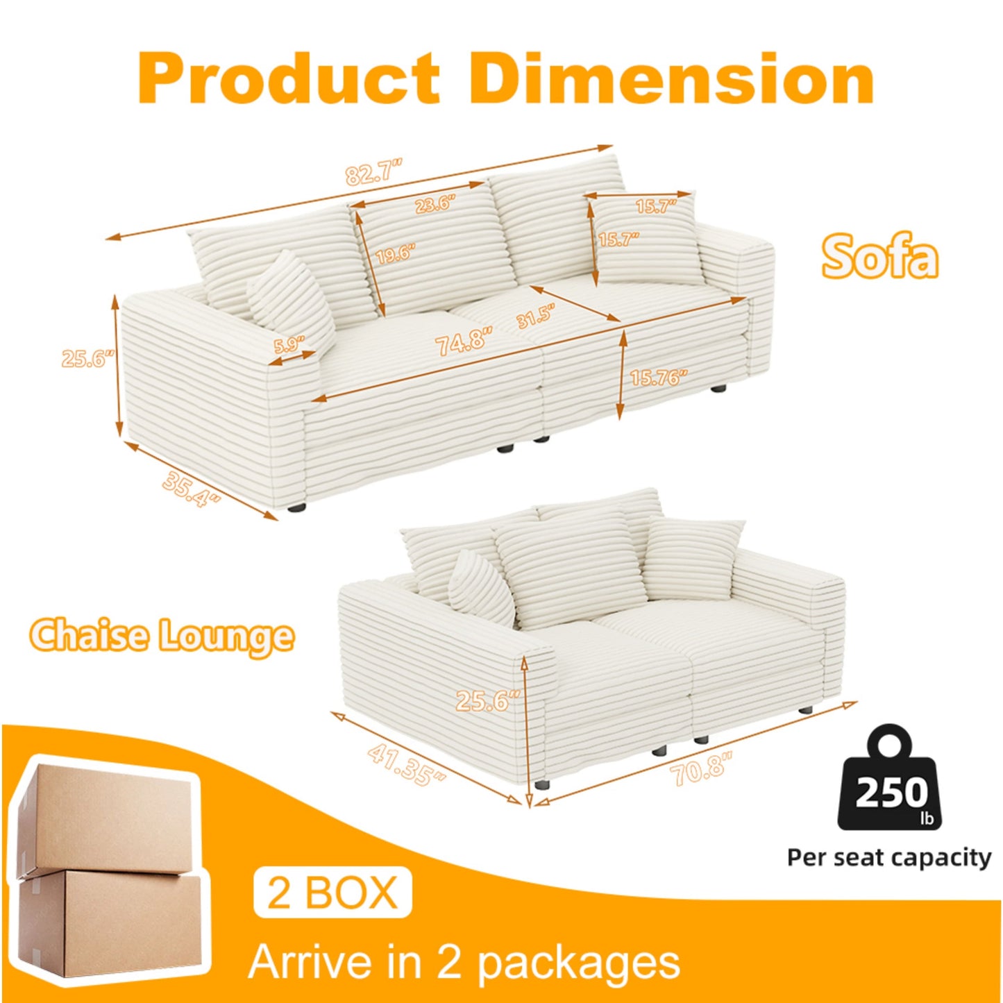 NEW 82.7' Plush Modern Beige Corduroy 3-Seat Comfy Upholstered Sofa Cloud Couch,Deep Seat Couches with Soft Pillows,Convertible Deep Seat Sofa Lounge Chair