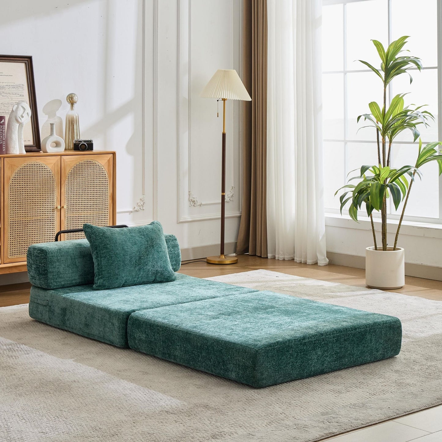 NEW Dark Green Chenille Fabric Compression Convertible Sofa Bed Single Seater Boneless Modular Sectional Sofa