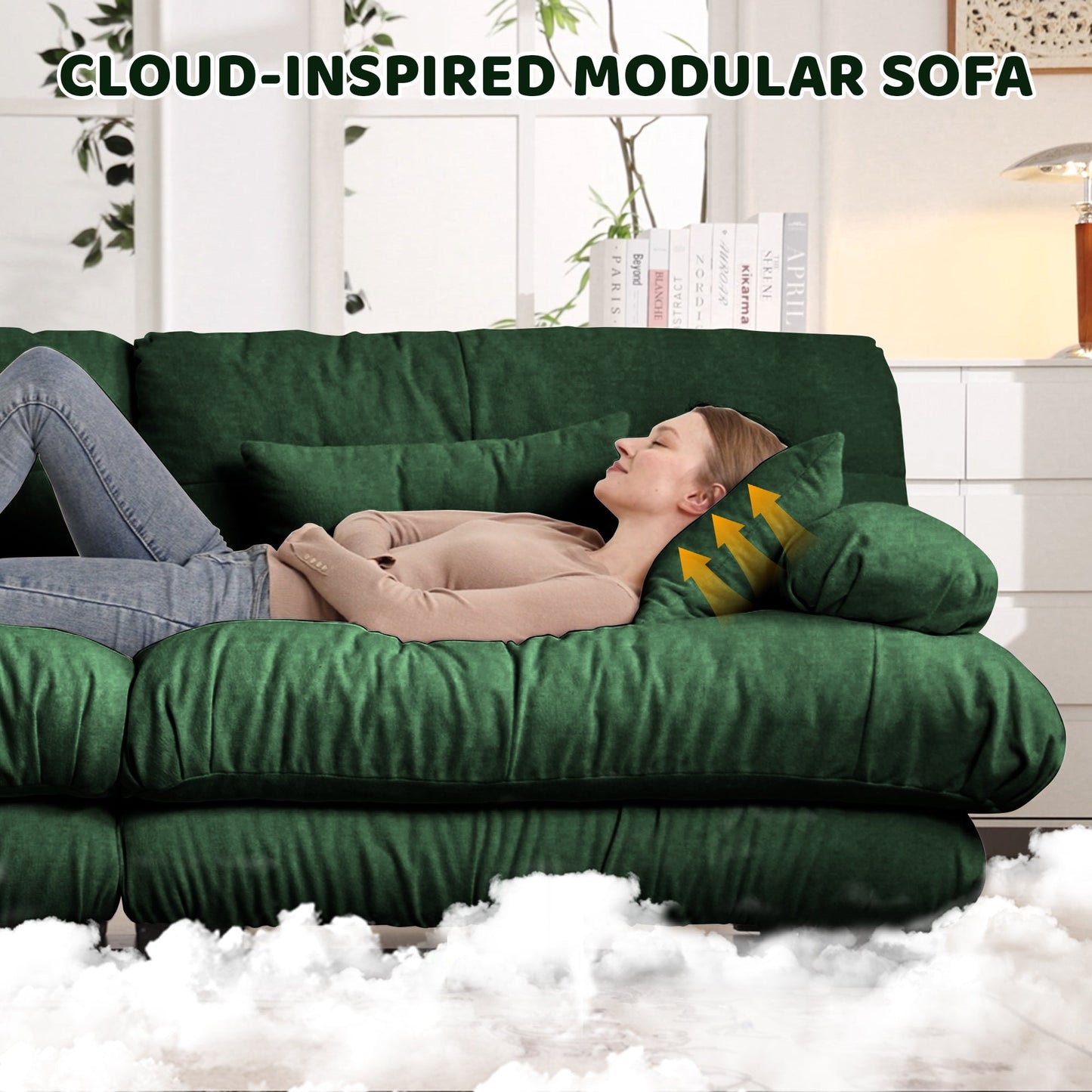 NEW Cloud Couch Sleeper Sofa for Living Room, Chenille 2 Seater sofa with 2 Lumbar pillows and 2 throw pillows , Upholstered Wide Arm Sofa with 2 Ottomans,Chenille Green