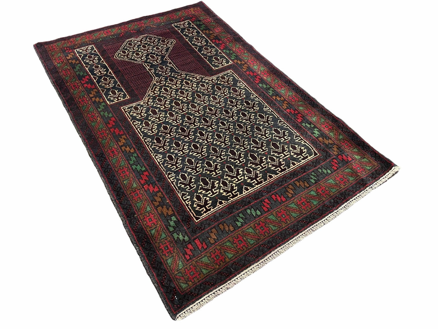 USED 3x5 New Vintage Handmade Wool Rug Tribal Balouch Turkoman Prayer Rug Veggie Dyes