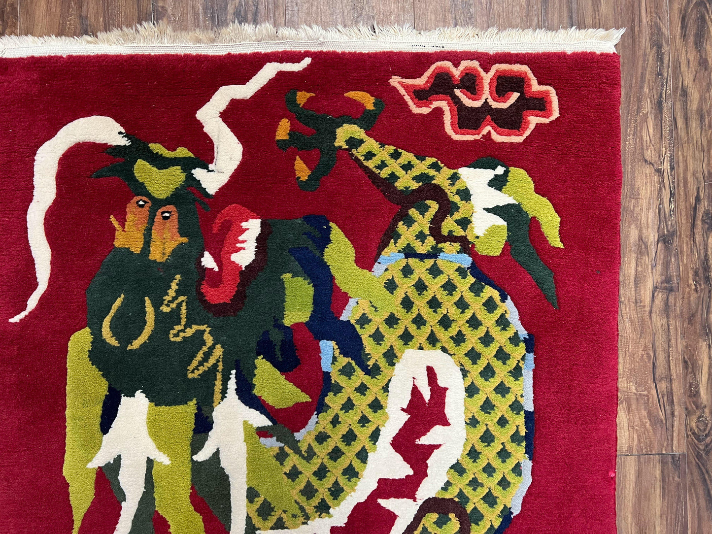 USED Vintage Chinese Dragon Rug 3 x 6.8, Handmade Hand Knotted Red Chinese Carpet with Gold Dragon, Art Deco Peking Soft Chinese Rug Runner