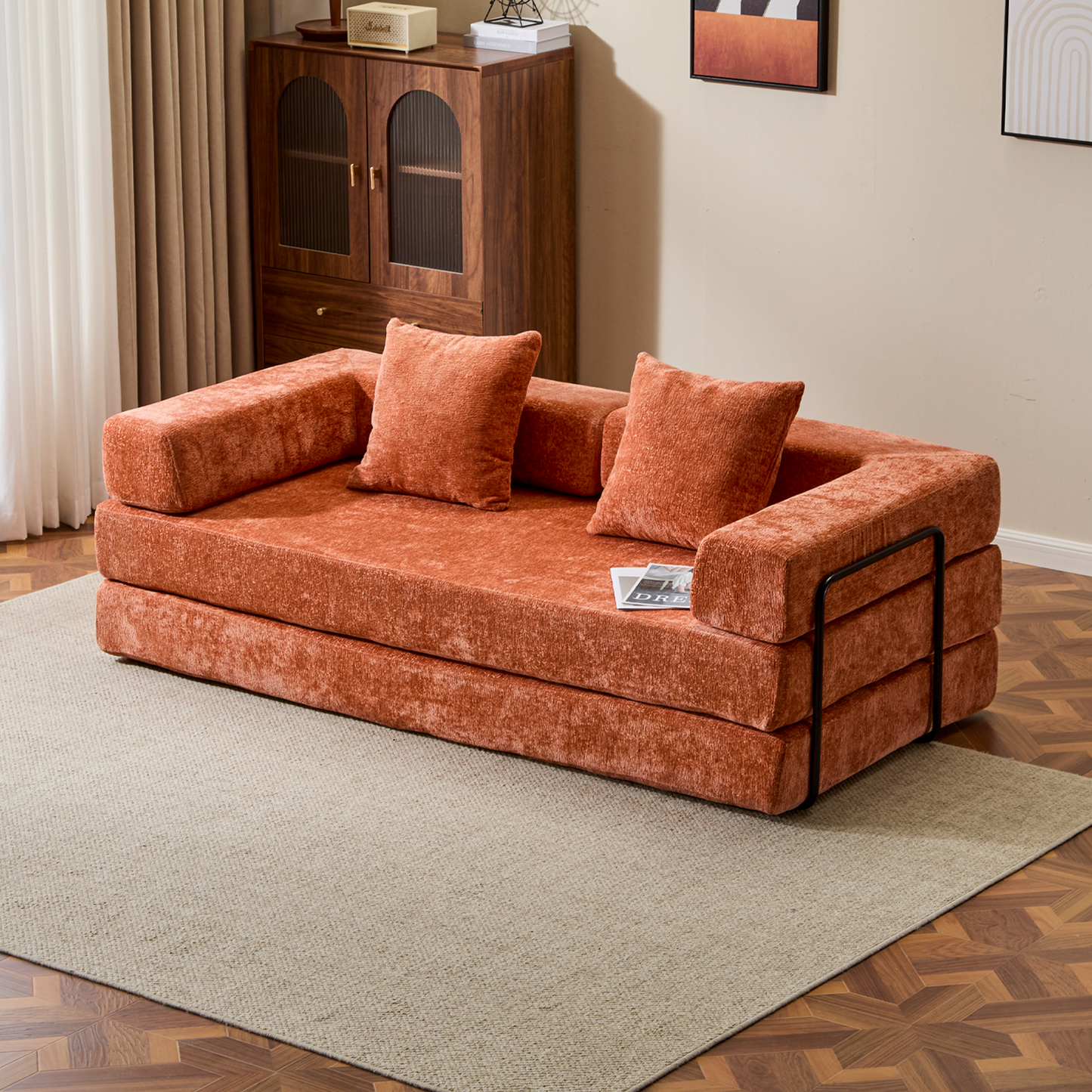 NEW Orange Chenille Fabric Comfy Futon Couch Lounge Sleeper Compression Convertible Floor Sofa Bed Couch with Pillow Back Support Armrest Bed