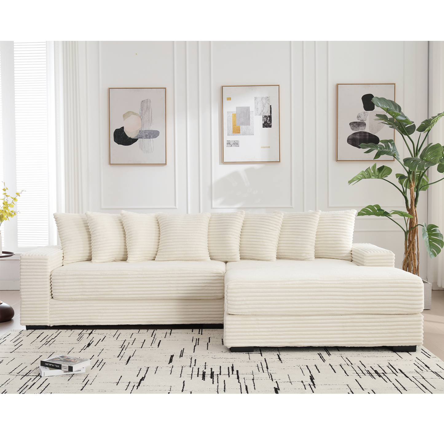 NEW Beige Corduroy Oversized Two-Piece L Shaped Sofa Couch (Right Chaise Daybed Corner with Armrests and Eight Throw Pillows