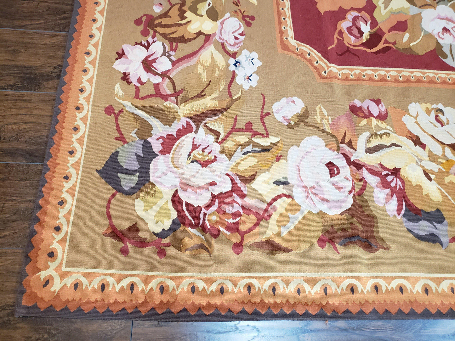 USED Vintage Chinese Aubusson Savonnerie Flat Pile Rug 9.9 x 14.5 Wool Handwoven Red & Khaki Large Flowers Rug 9x14 - 10x15 Michaelian Kolhberg