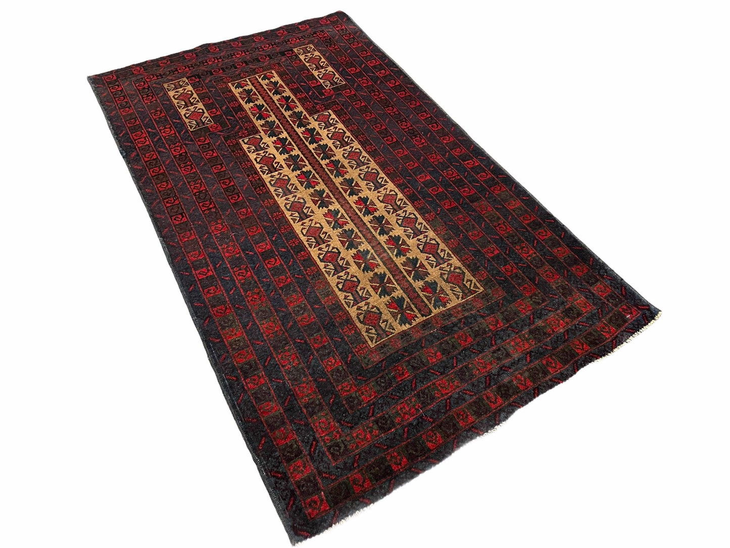 USED 3 X 3.5 New Vintage Handmade Wool Rug Tribal Turkoman Balouch Red Prayer Rug