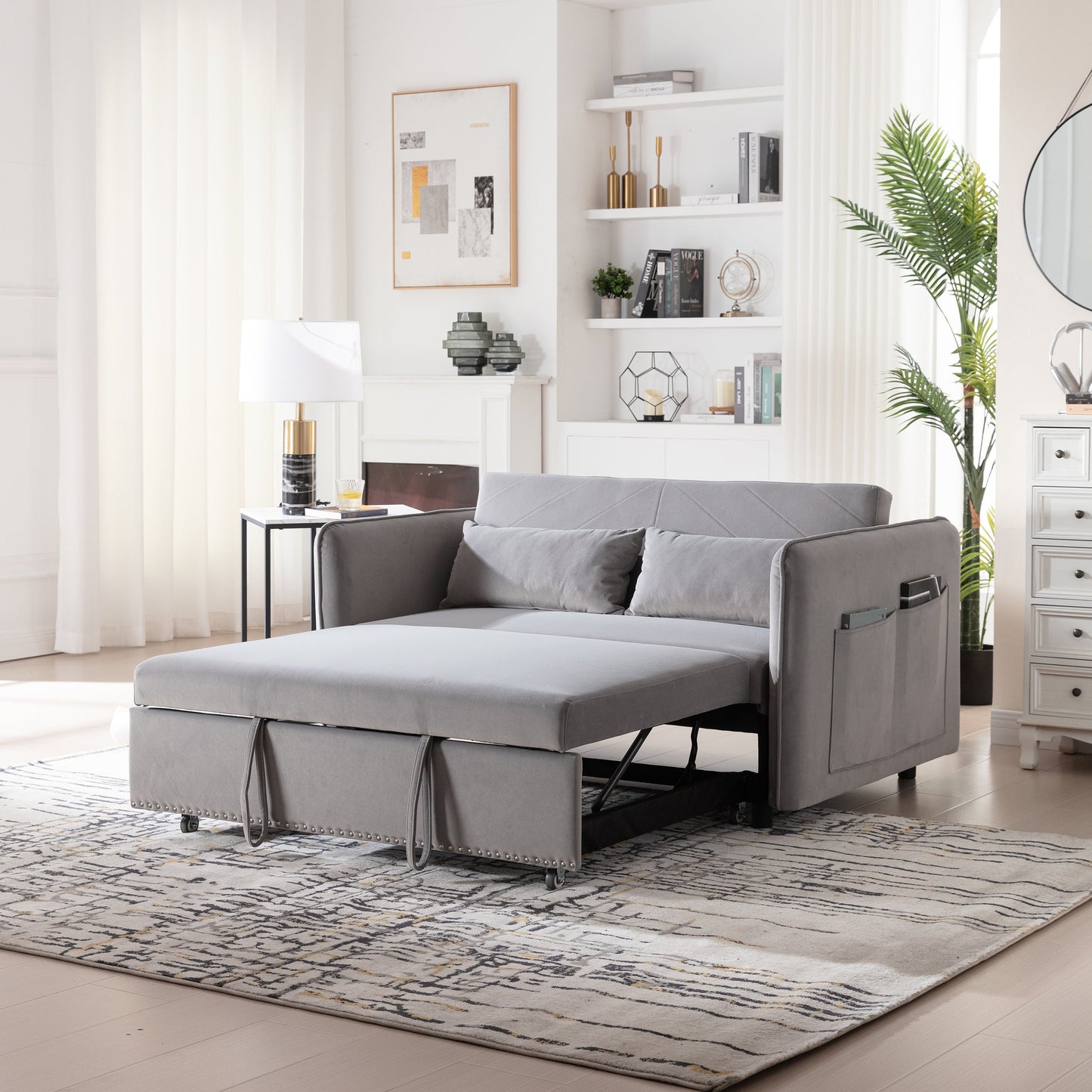 NEW 3 in 1 Pull-Out Convertible Sleeper Futon Sofa Bed 55' Velvet Small Loveseat Lounge Couch with 2 Pillows Reclining Backrest and Side Pockets