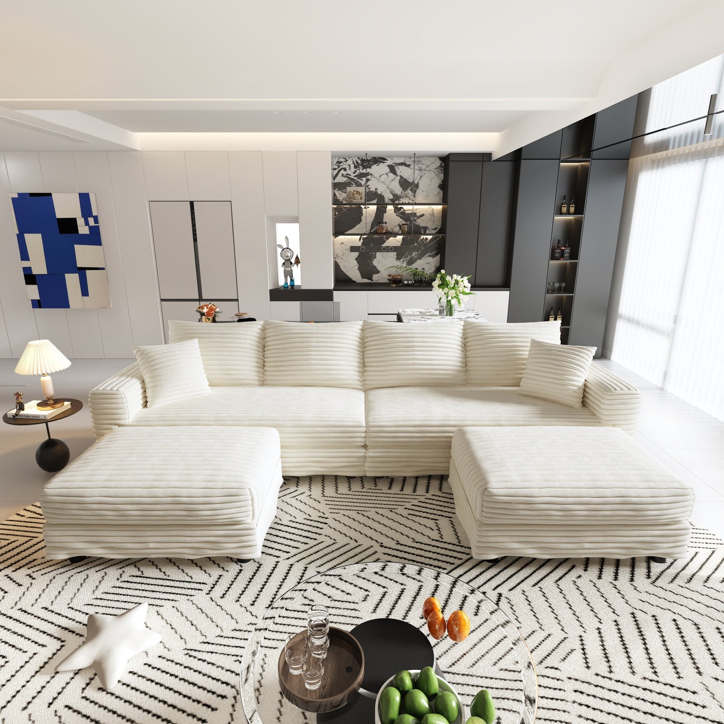 NEW 104.3' Modern 4-Seat  Beige Comfy Upholstered Plush Corduroy Sofa