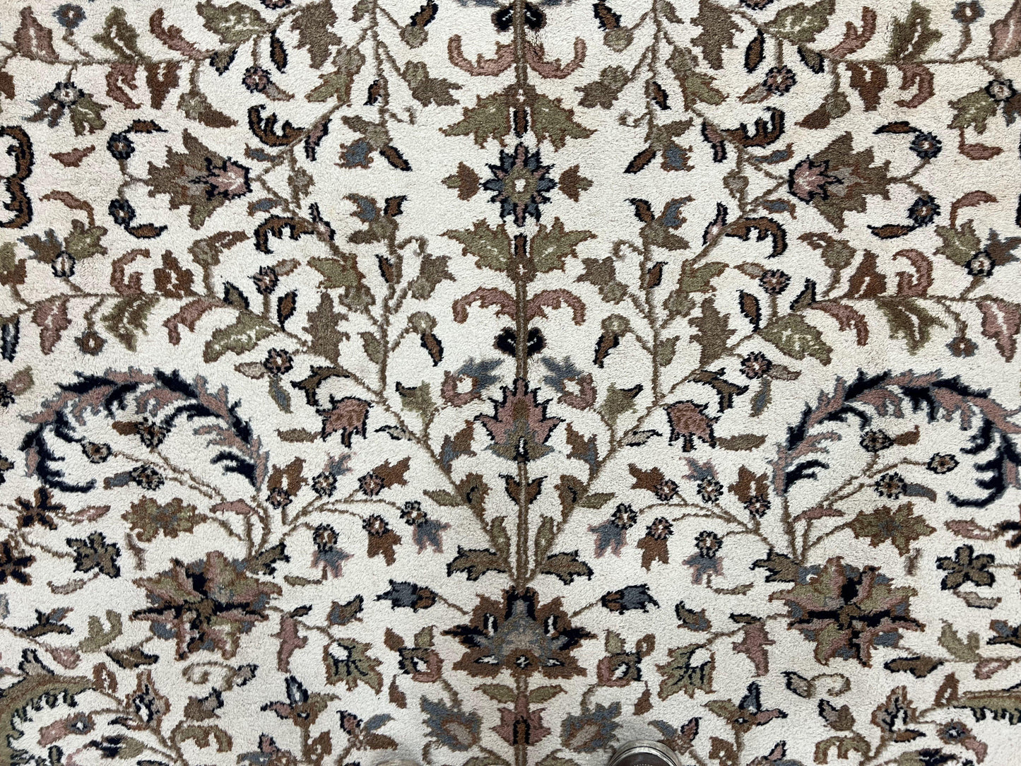 USED Indo Kirman Rug 8x12 Allover Floral Design, Ivory/Cream Brown, Vintage Handmade Hand Knotted Rug, Traditional Wool Persian Carpet 8 x 12