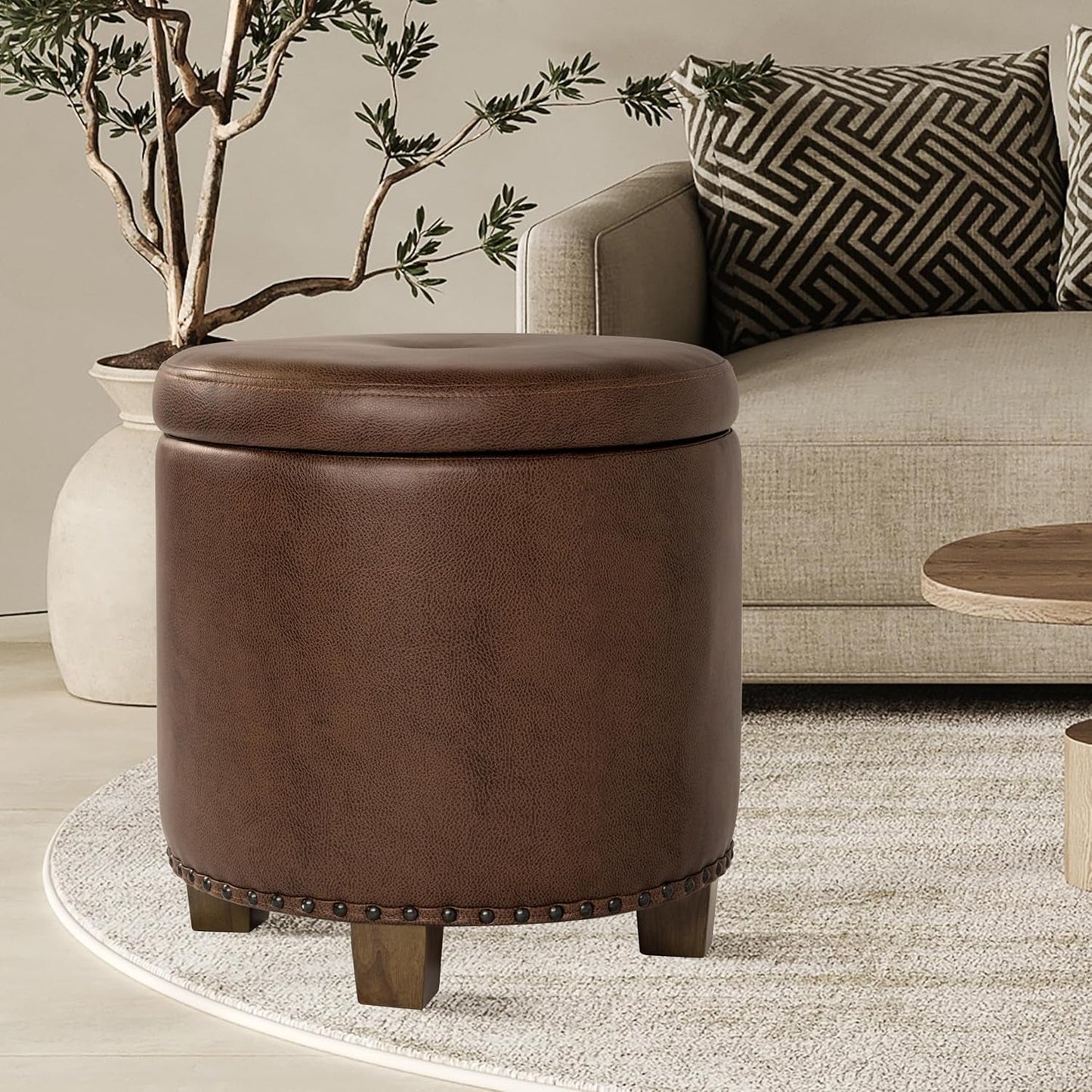 NEW Round Storage Ottoman With Nailhead-Trim Brown Faux Leather