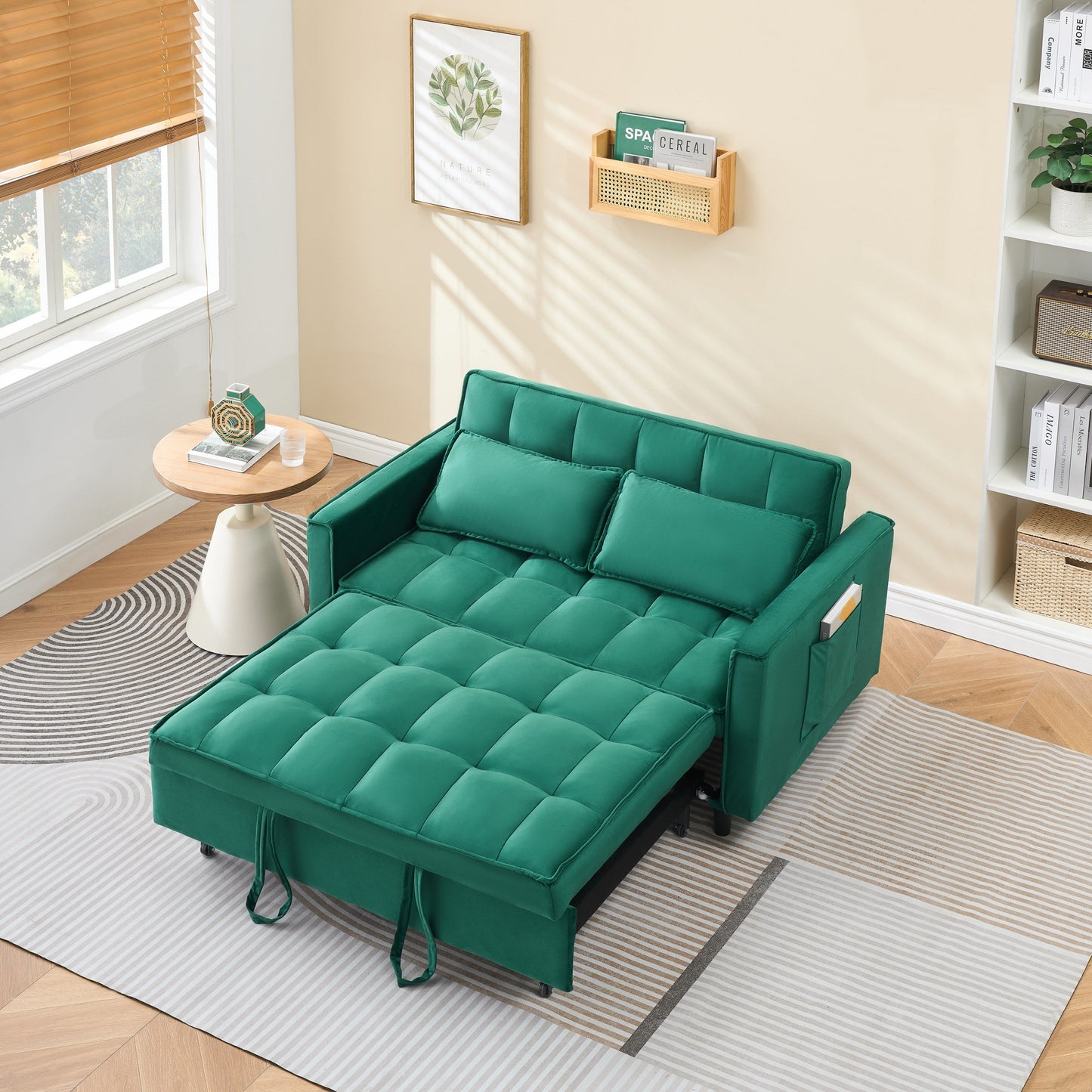 NEW 55-inch Green velvet sofa bed, elegant and convenient, with storage pockets, cleverly interpreting the three-in-one conversion