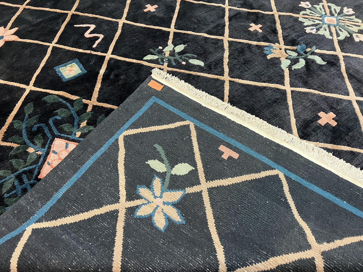 USED Tibetan Rug 9x12, Hand Knotted Tibet Nepali Contemporary Carpet 9 x 12 ft, Black and Tan, Handmade Area Rug Room Sized, Nepalese Rug