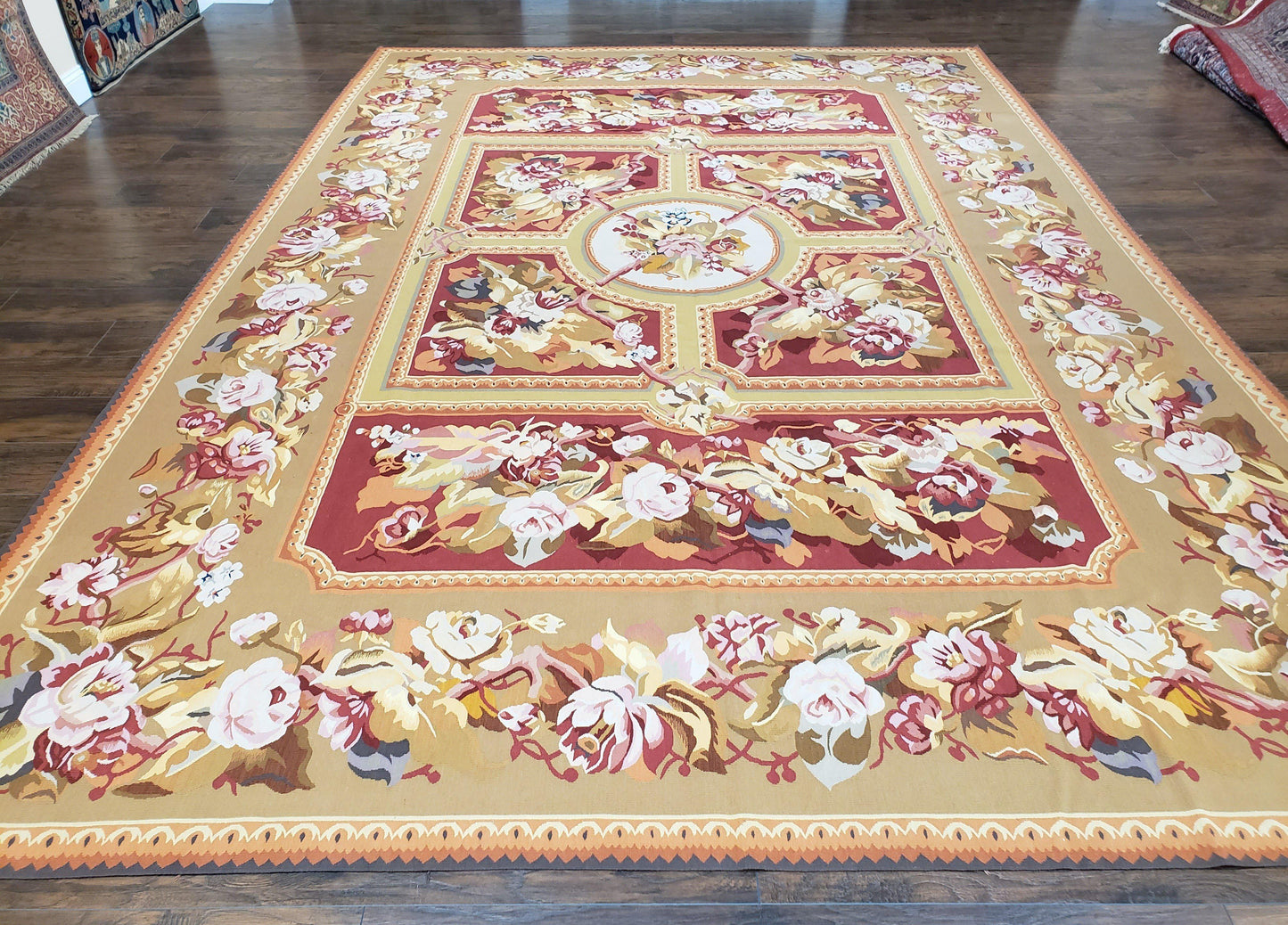 USED Vintage Chinese Aubusson Savonnerie Flat Pile Rug 9.9 x 14.5 Wool Handwoven Red & Khaki Large Flowers Rug 9x14 - 10x15 Michaelian Kolhberg