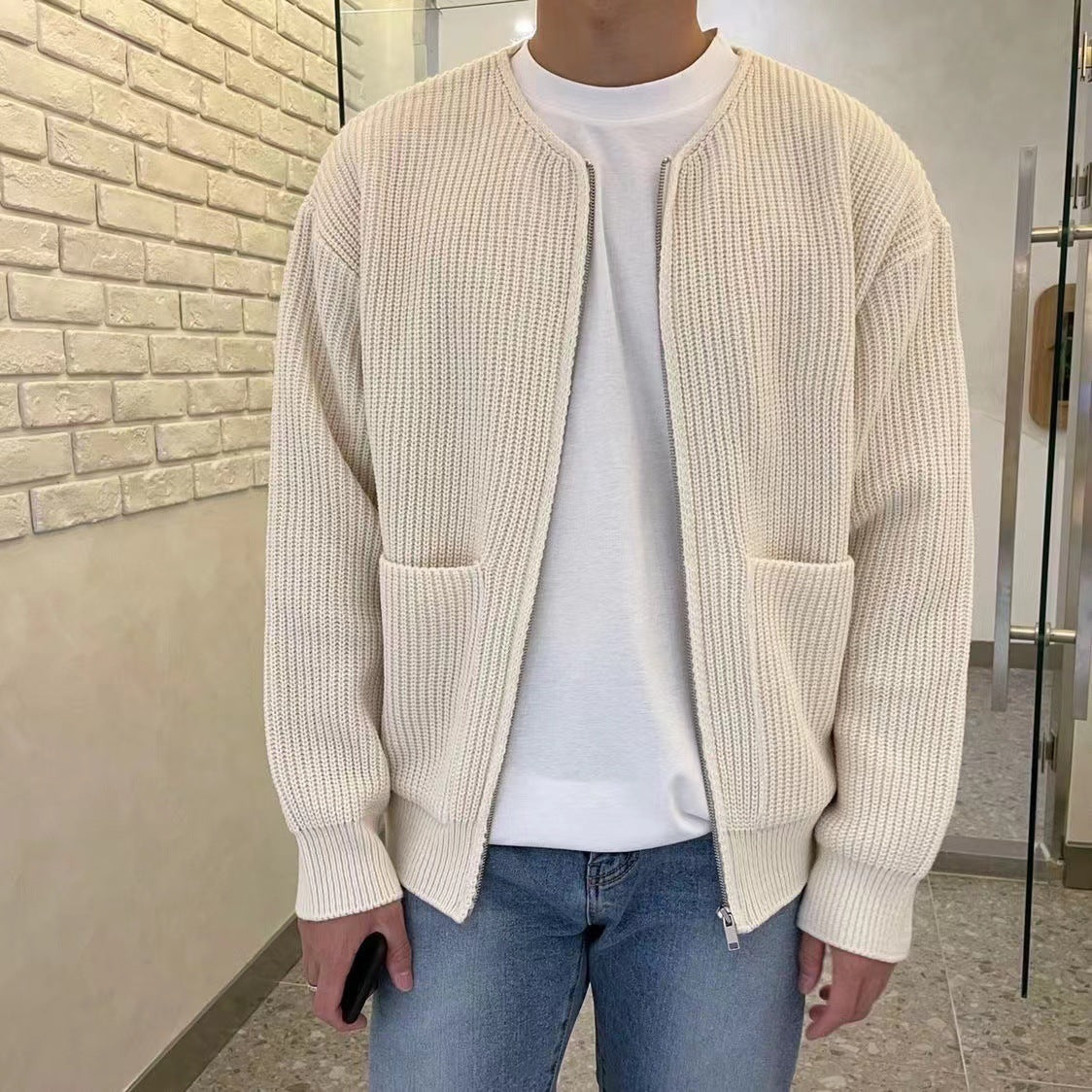 New Men Zip Up Knitted Cardigan Lined Funnel Neck Jumper Sweater Pockets Coat All Seasons Comfortable Soft Long Sleeve
