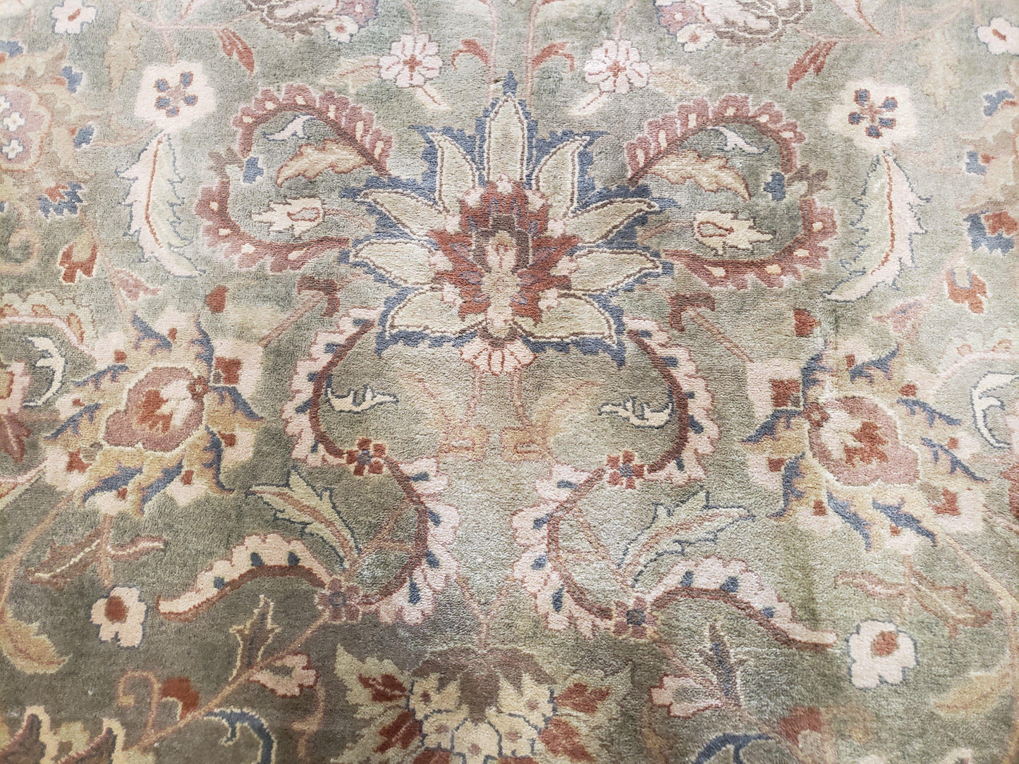 USED Vintage Indo Mahal Area Rug 9x12, Wool Hand-Knotted Laurel Green & Auburn Indian Carpet, 9 x 12 Floral Carpet, Living Room Rug