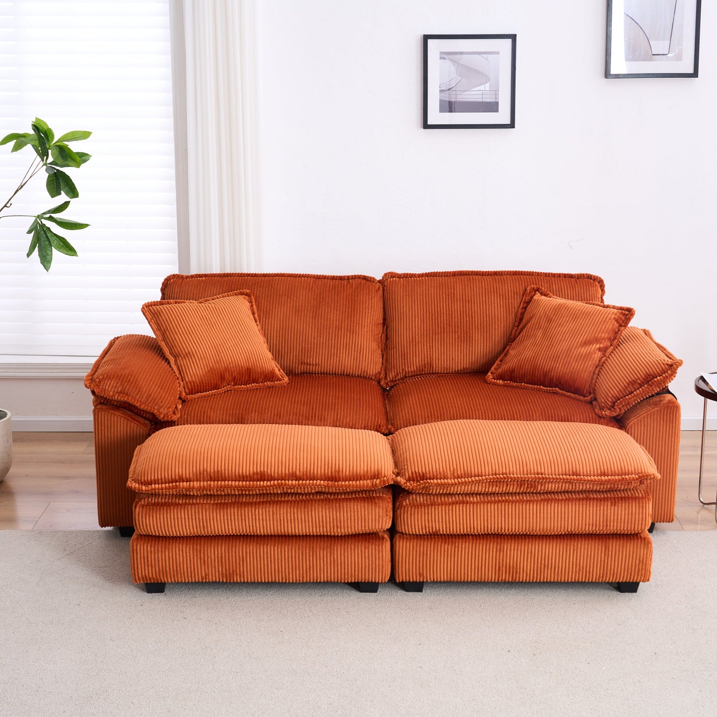 NEW Corduroy 2-seats sofa With 2 back pillows,2 toss pillows and two ottoman,Comfy Sofa- Deep Seat Couch for Living Room,Orange